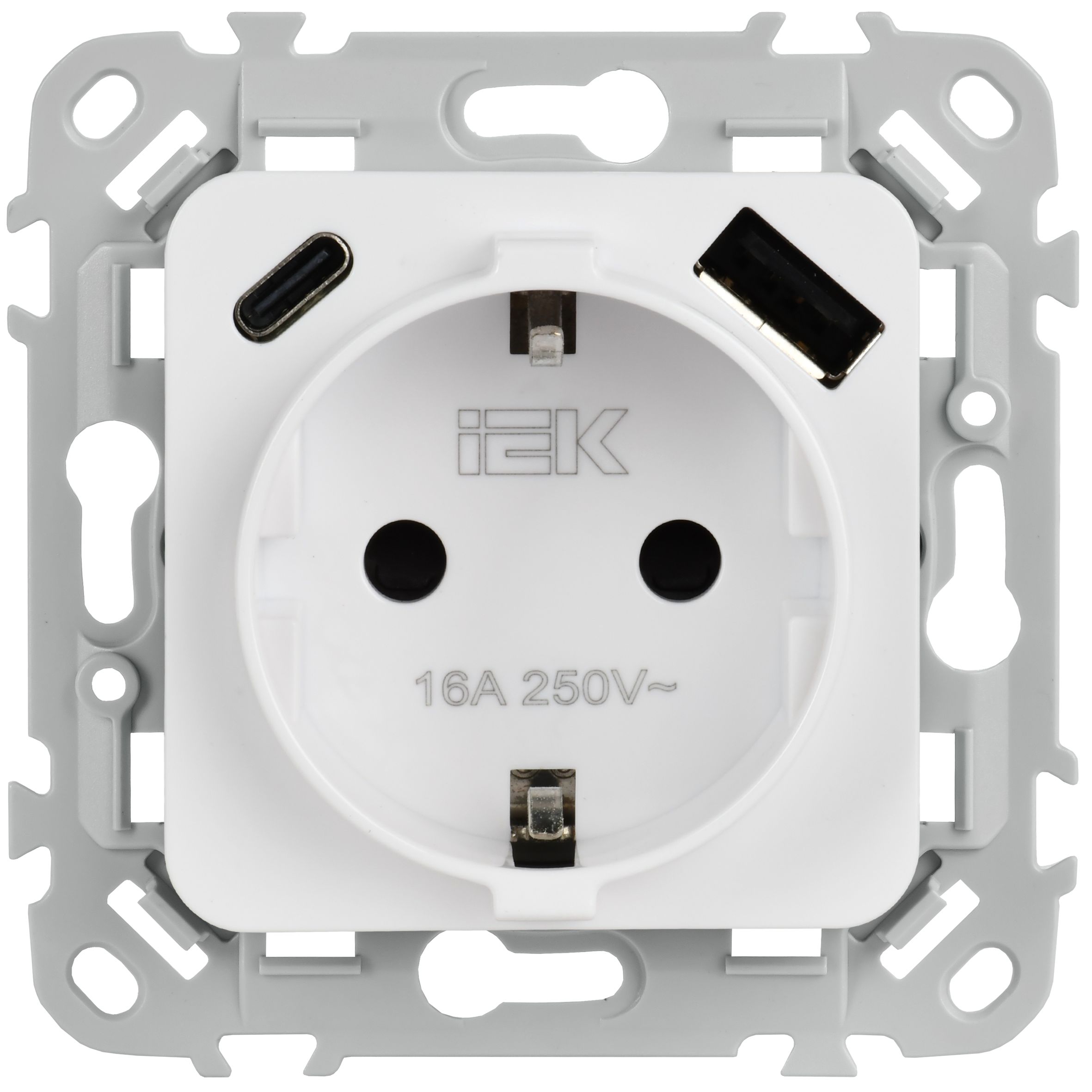 FLITE Розетка 1-местная с заземлением с защитными шторками 16А с USB A+C 20Вт безвинтовое крепление РСЮшс11-1-ФлБ белый IEK — фото