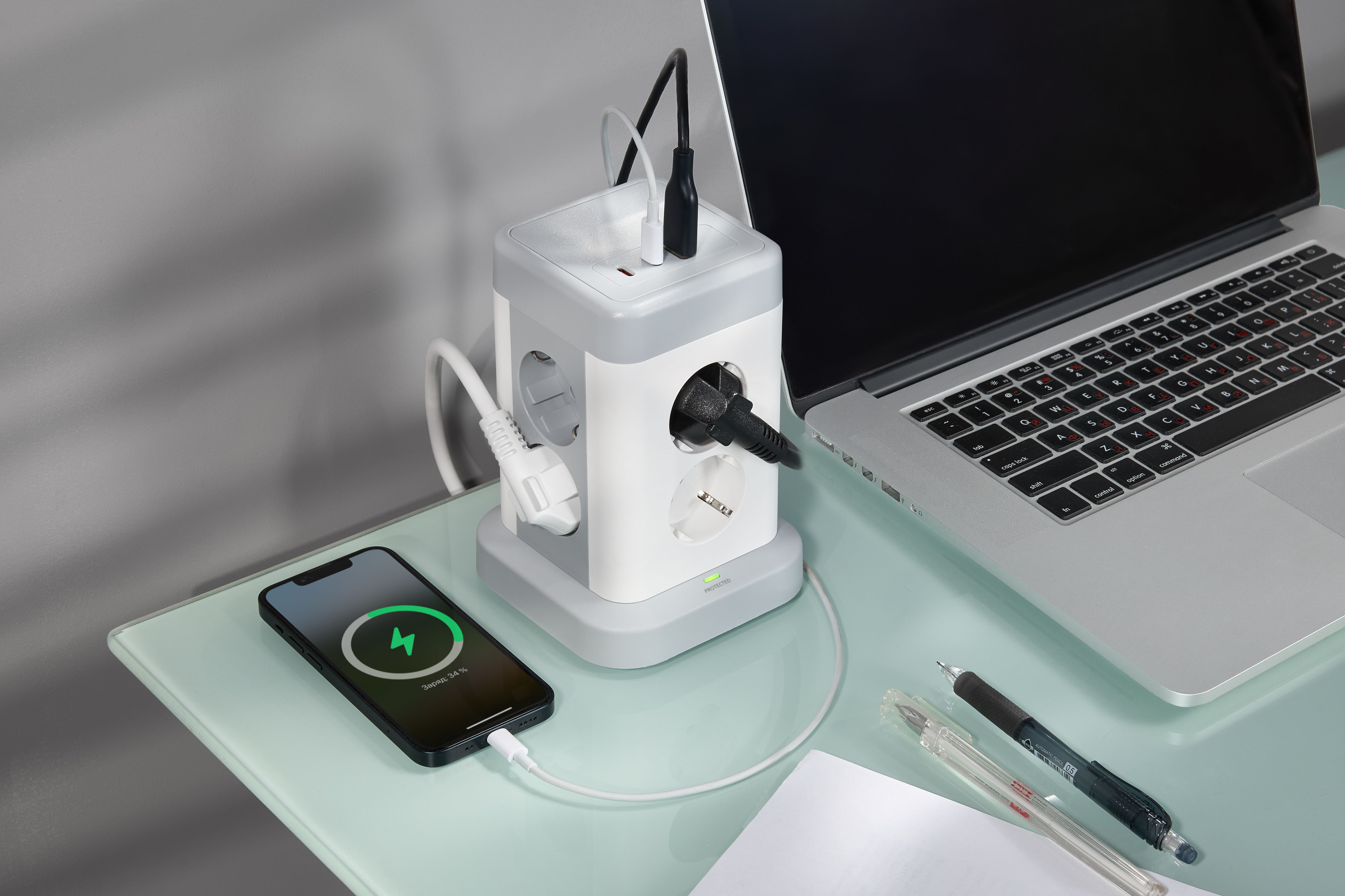 Удлинитель У08K 8 мест 2P+PE 1,5м 3х1,0мм2 16А/250В USB A+C 20Вт серый DOMINIC IEK — фото