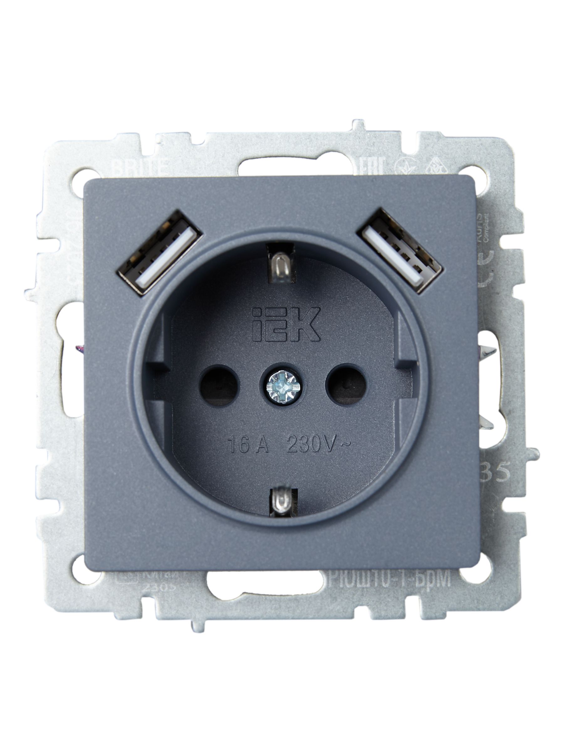 BRITE Розетка 1-местная с заземлением с защитными шторками 16А с USB A+A 5В 2,1А РЮш10-1-БрМ маренго IEK — фото