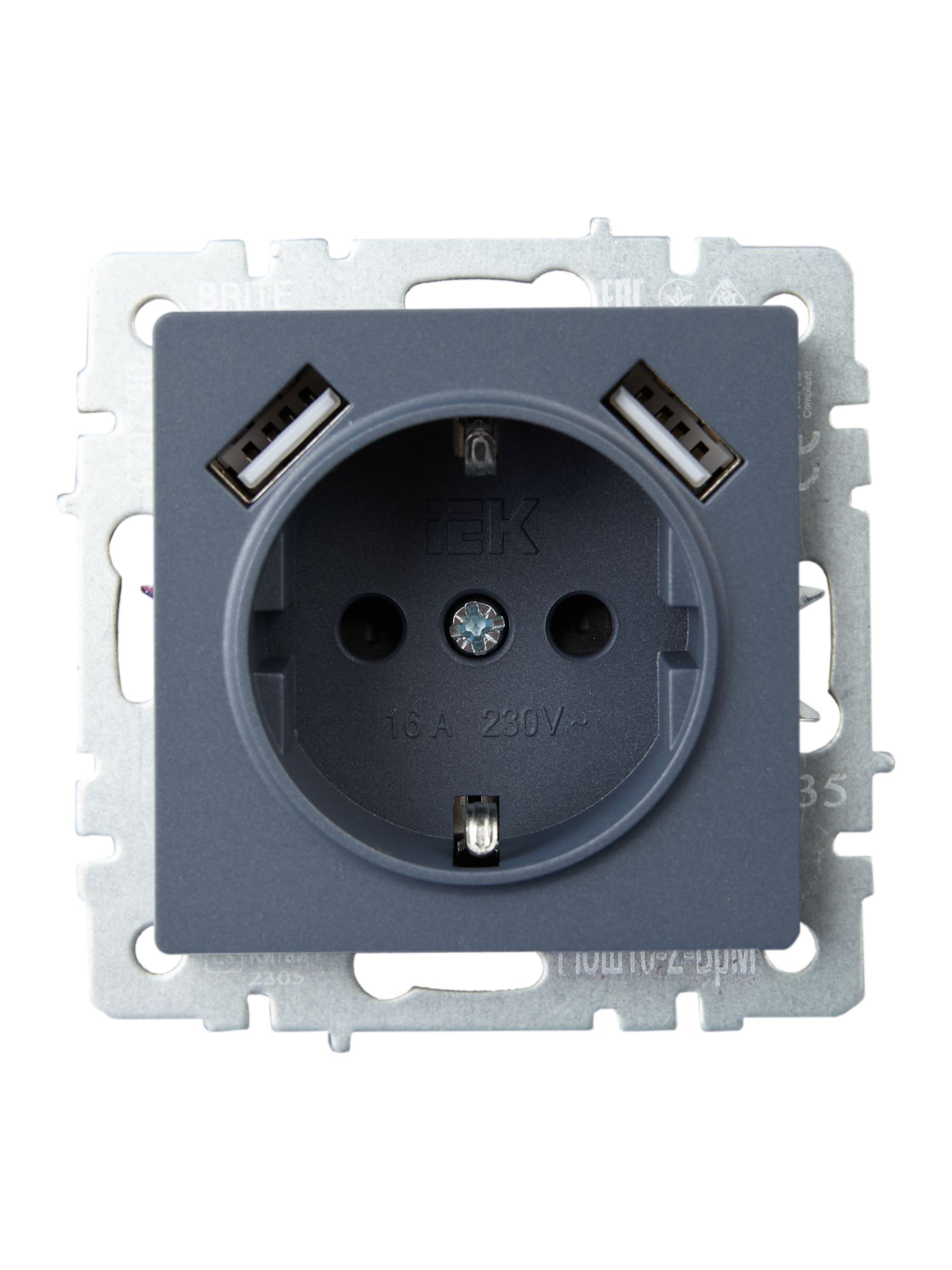 BRITE Розетка 1-местная с заземлением с защитными шторками 16А с USB A+A 5В 3,1А РЮш10-2-БрМ маренго IEK — фото