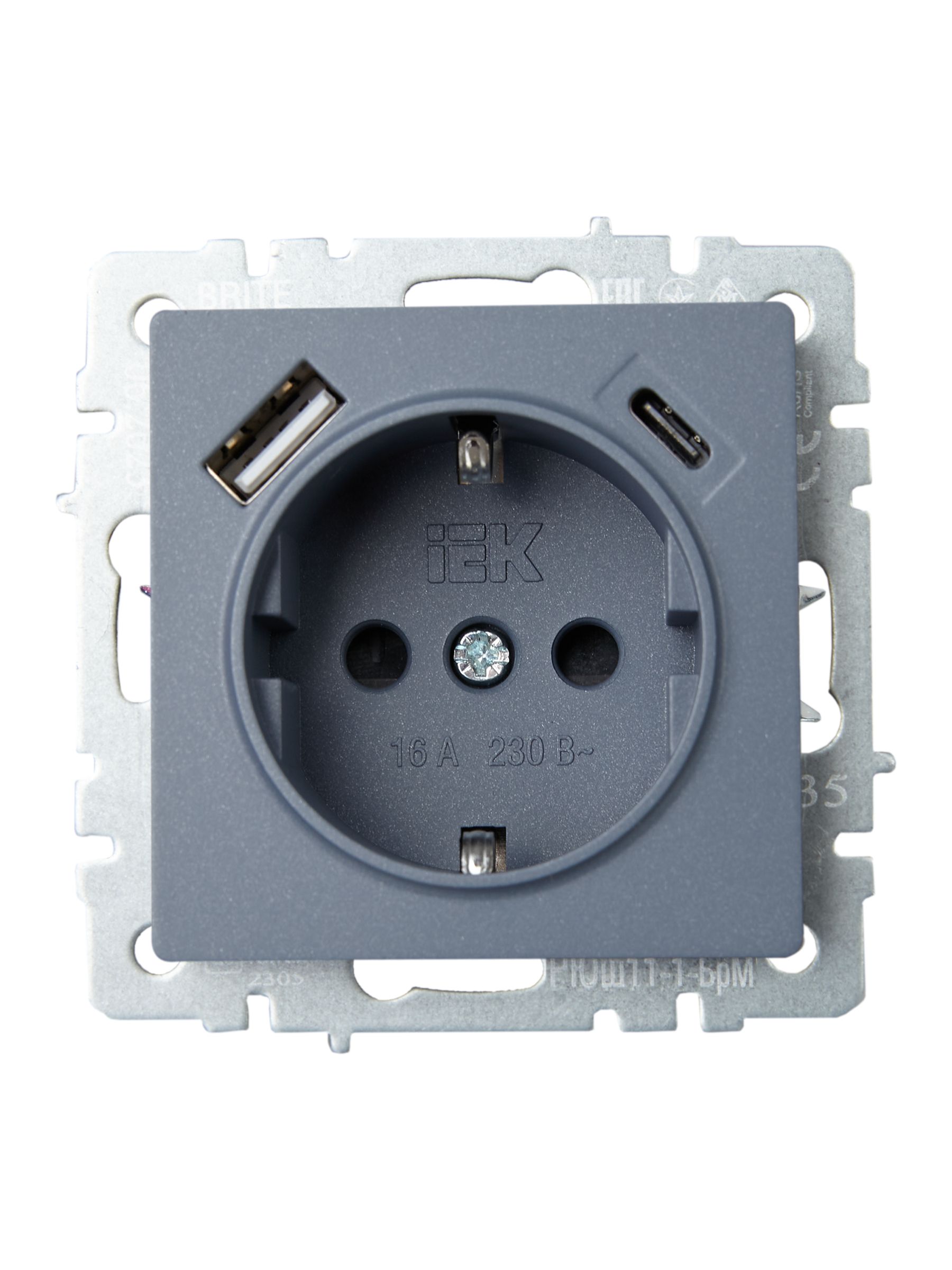 BRITE Розетка 1-местная с заземлением с защитными шторками 16А с USB A+C 18Вт РЮш11-1-БрМ маренго IEK — фото