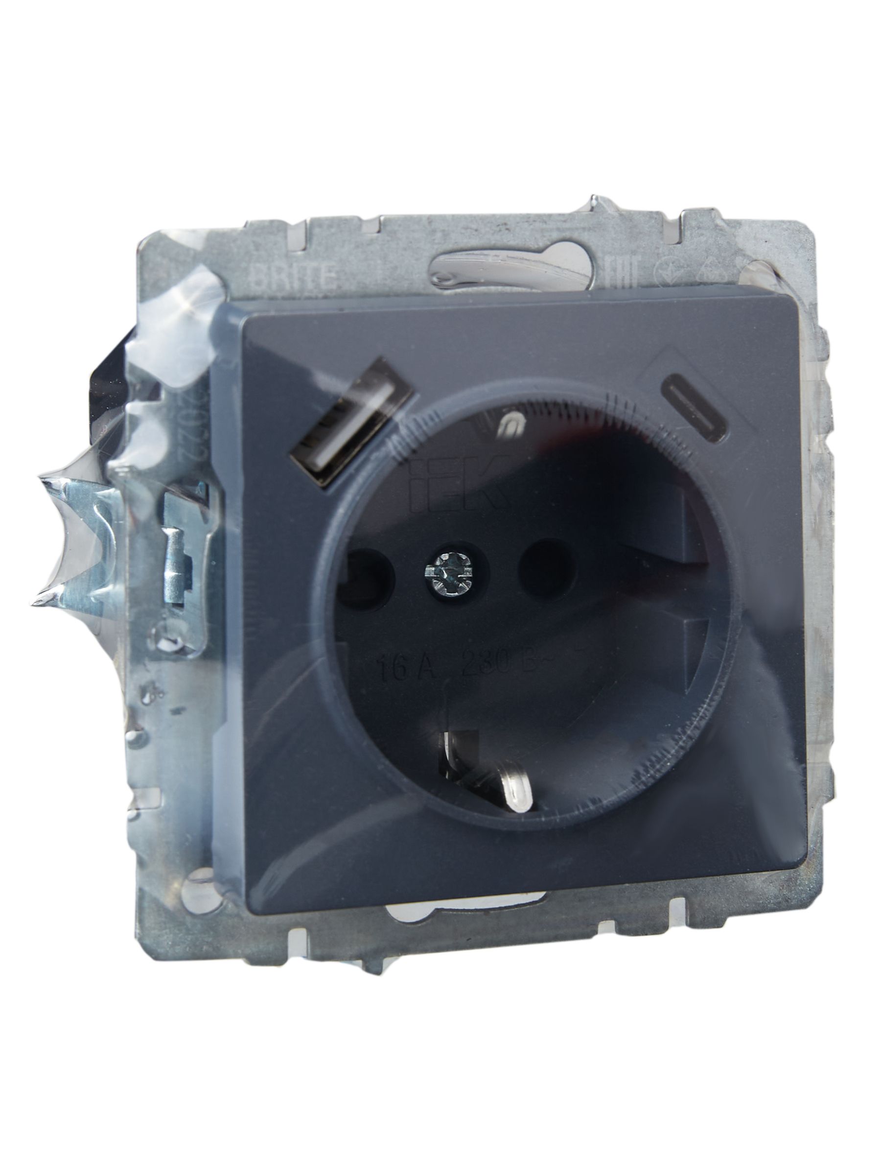 BRITE Розетка 1-местная с заземлением с защитными шторками 16А с USB A+C 18Вт РЮш11-1-БрМ маренго IEK — фото