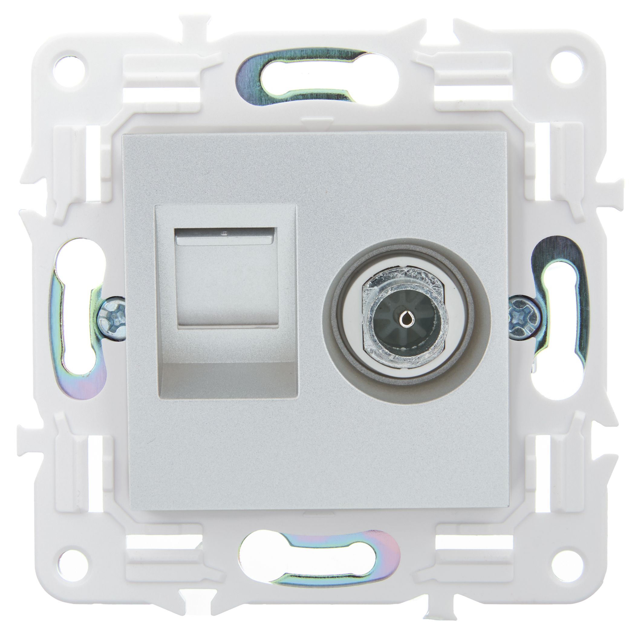SKANDY Розетка двойная TV+RJ45 кат.6 SK-A15S серебряный IEK — фото