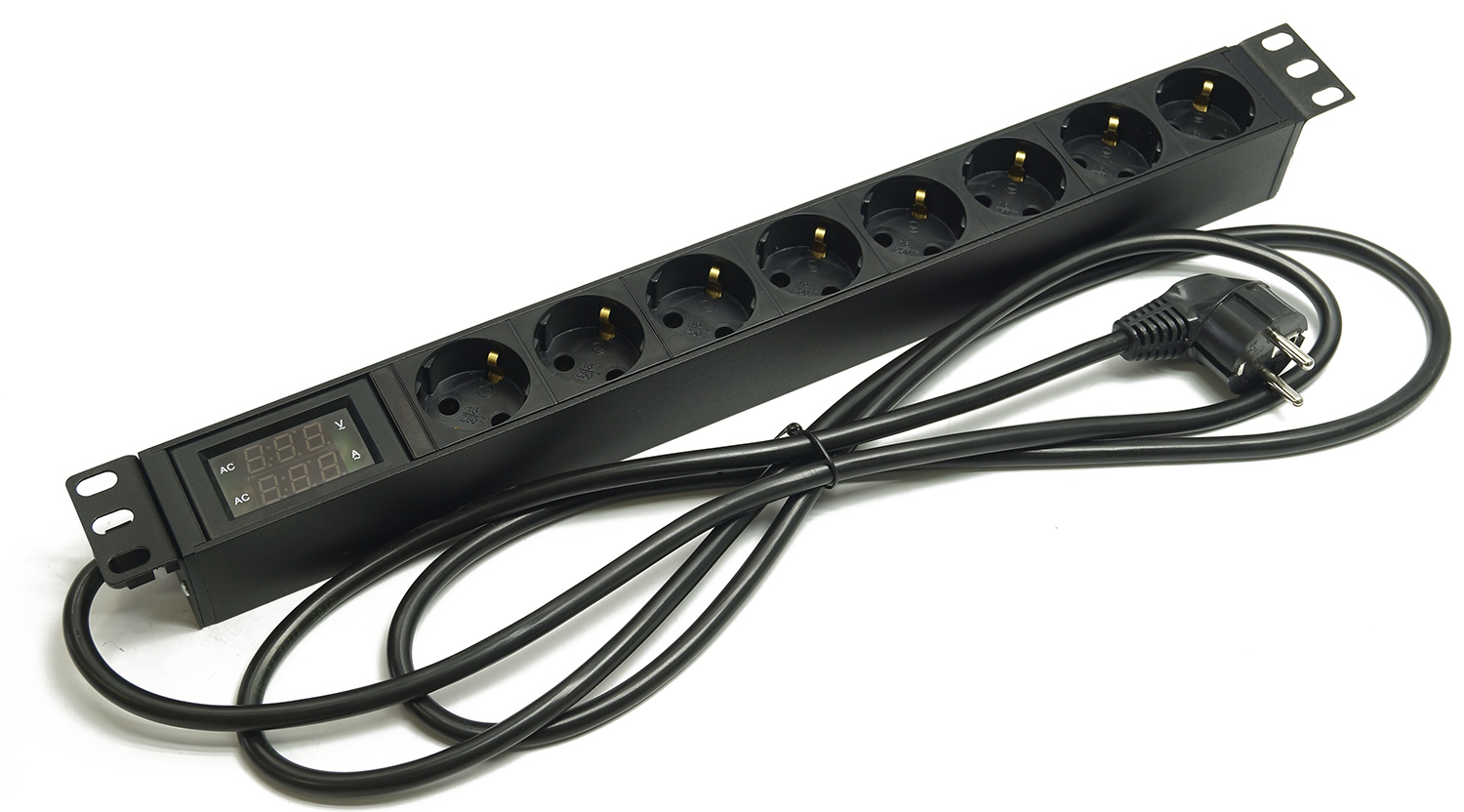 Hyperline SHE19-8SH-AV-2.5EU Блок розеток/PDU 19", 8 розеток Schuko, амперметр, вольтметр, кабель питания 2,5м с вилкой Sсhuko (CEE7/7), 16А, 230В, чёрный, 482.6x44.4x44.4мм — фото