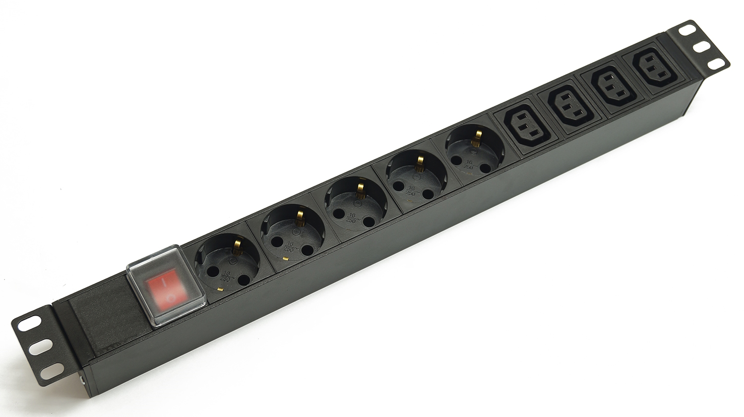 Hyperline SHE19-5SH-4IEC-S-IEC Блок розеток/PDU 19", 5 розеток Schuko, 4 розетки IEC 60320 С13, выключатель с подсветкой, входной разъем IEC 60320 C14, без кабеля питания, 10А, 230В, чёрный, 482.6x44.4x44.4мм