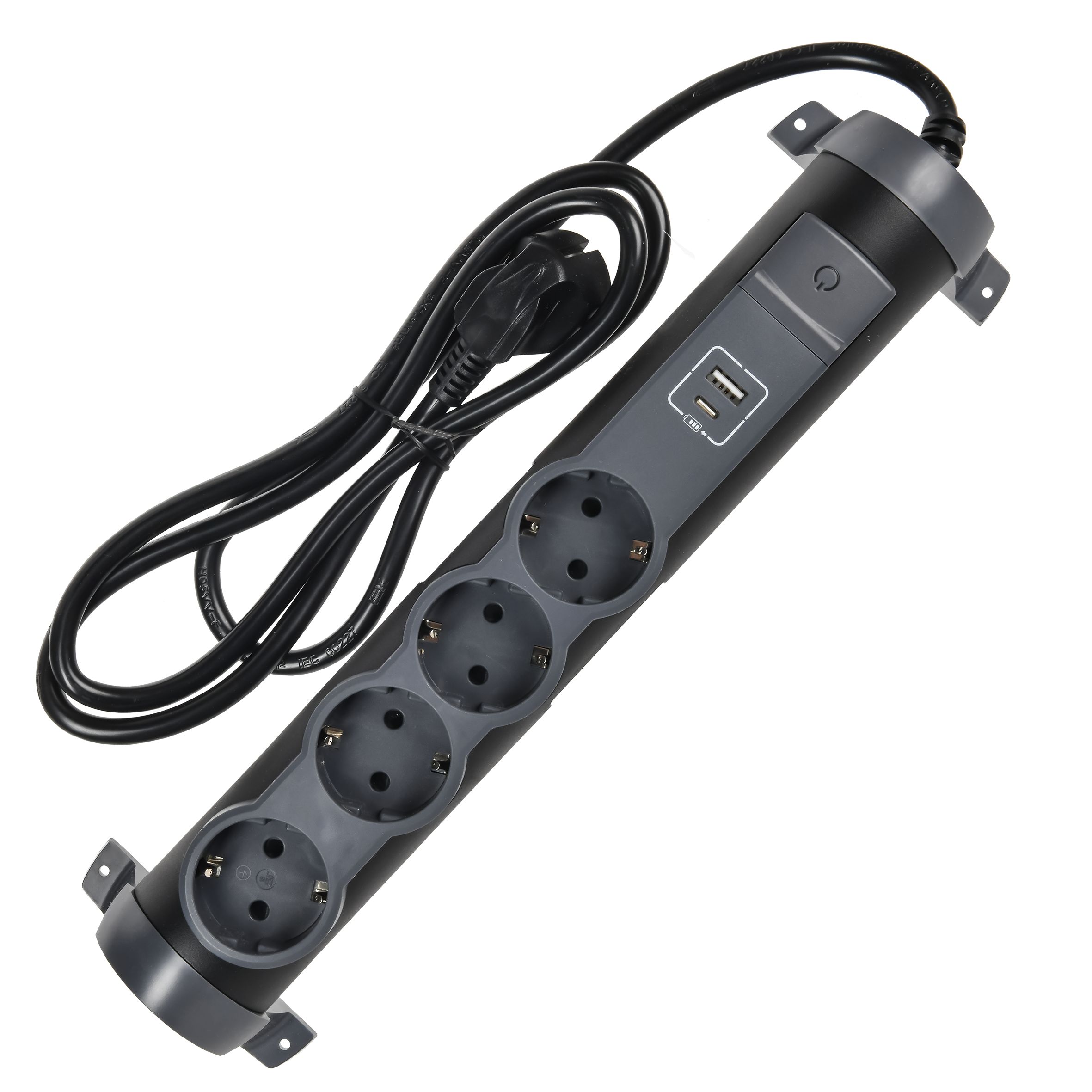 COMFORT Удлинитель У04К 4 места 2P+PE 1,5м 3х1,5мм2 16А USB A+C 20Вт черный IEK — фото