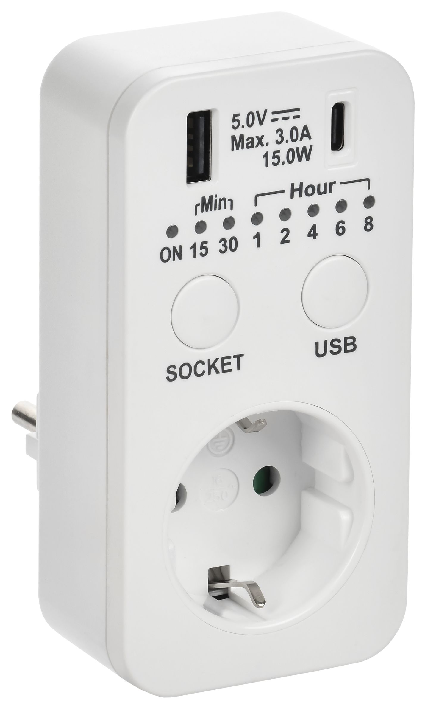 РТЭ-4 Розетка-таймер электронный с USB A+C 15мин-8ч 16А IP20 белый IEK — фото