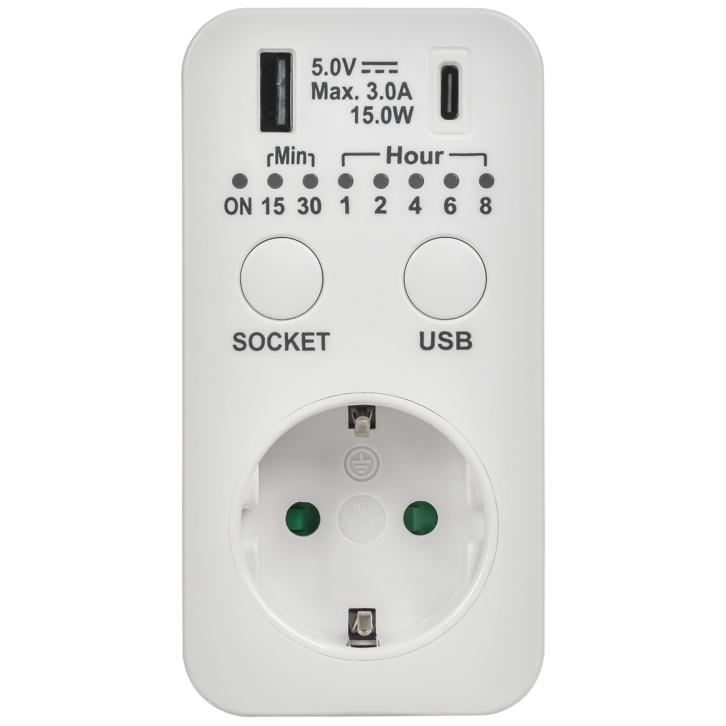 РТЭ-4 Розетка-таймер электронный с USB A+C 15мин-8ч 16А IP20 белый IEK — фото