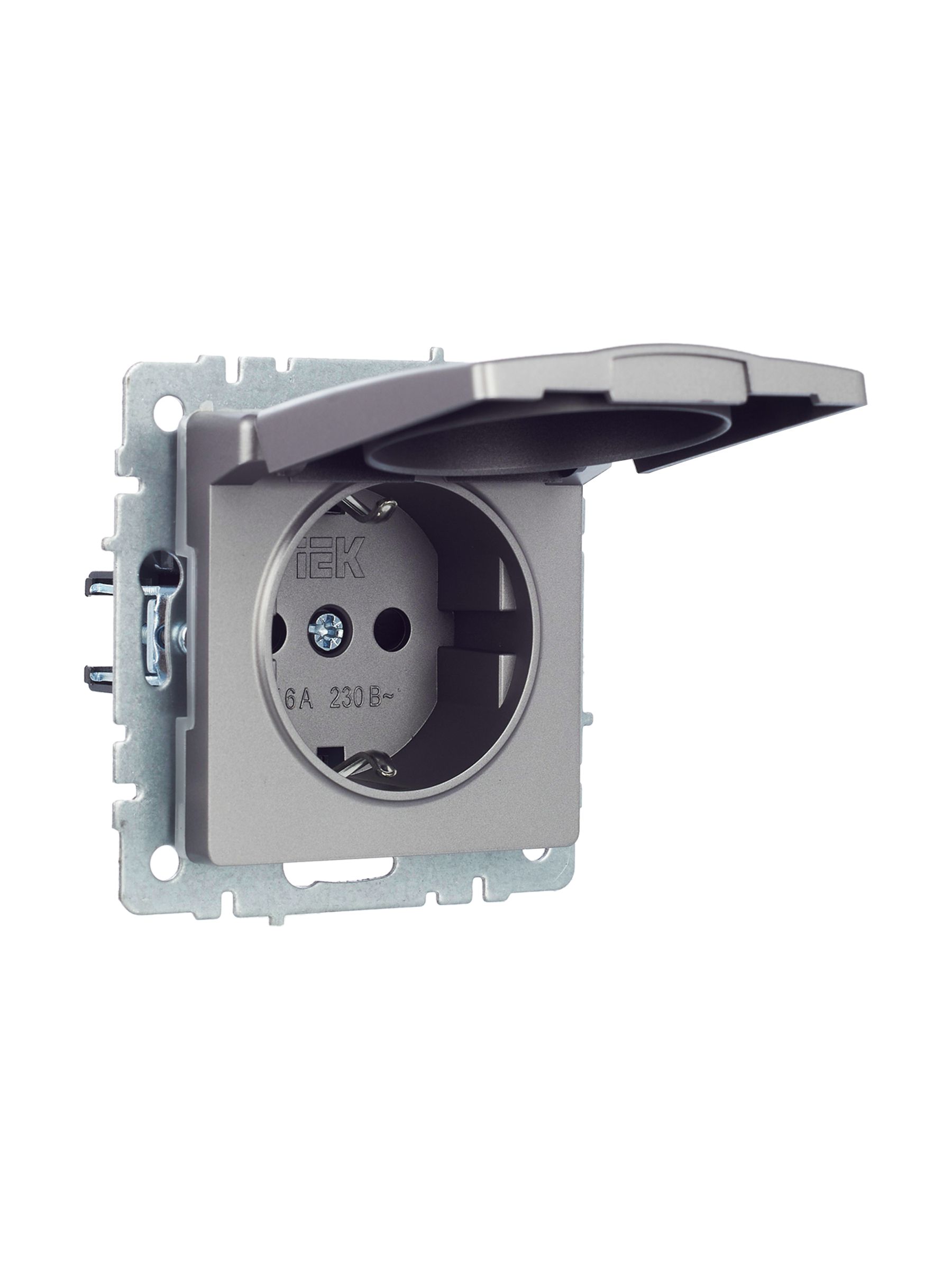 BRITE Розетка 1-местная с заземлением с защитными шторками и крышкой 16А IP44 РСбш10-3-44-БрС сталь IEK — фото