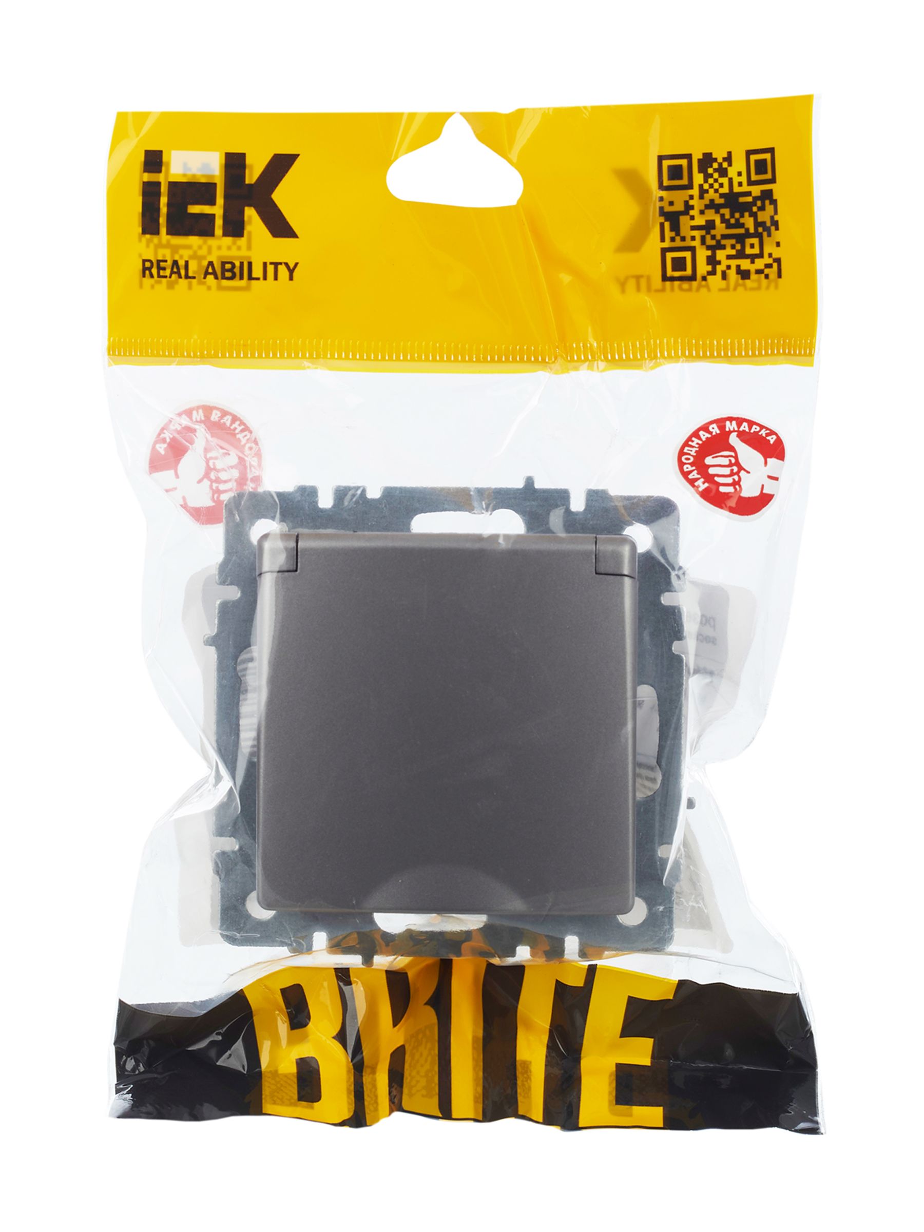 BRITE Розетка 1-местная с заземлением с защитными шторками и крышкой 16А IP44 РСбш10-3-44-БрС сталь IEK — фото