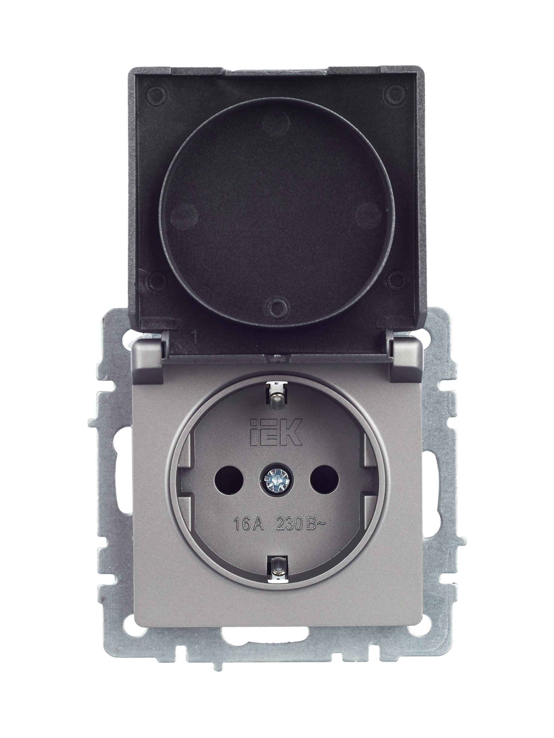 BRITE Розетка 1-местная с заземлением с защитными шторками и крышкой 16А IP44 РСбш10-3-44-БрС сталь IEK — фото