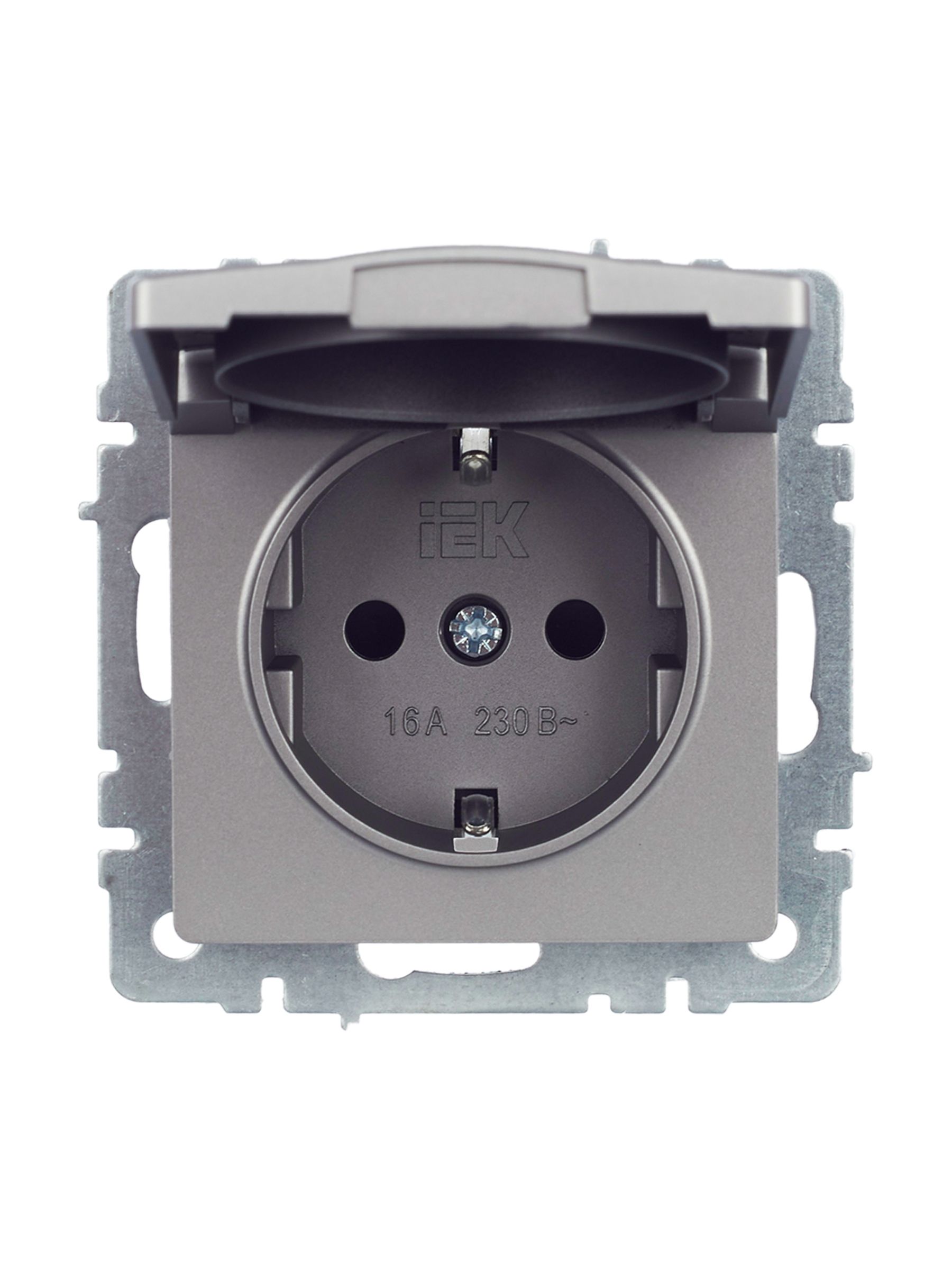 BRITE Розетка 1-местная с заземлением с защитными шторками и крышкой 16А IP44 РСбш10-3-44-БрС сталь IEK — фото