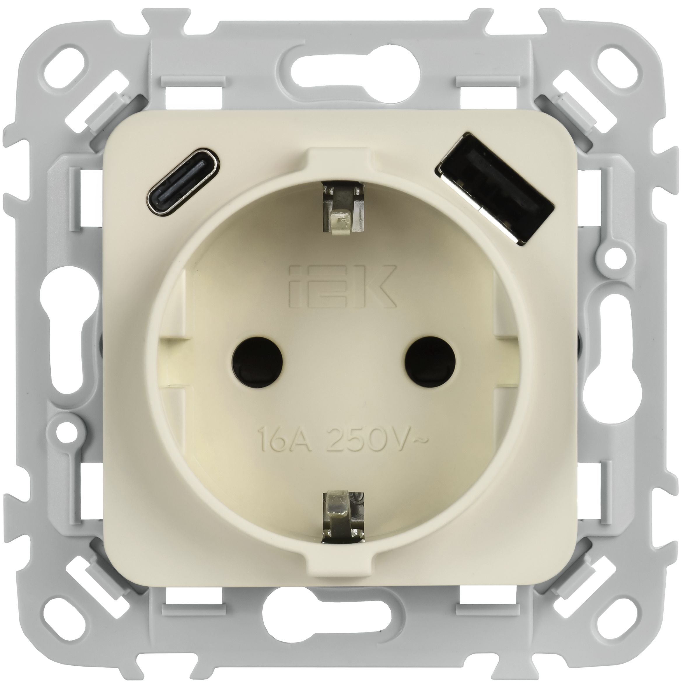 FLITE Розетка 1-местная с заземлением с защитными шторками 16А с USB A+C 20Вт безвинтовое крепление РСЮшс11-1-ФлЛ льняной IEK — фото