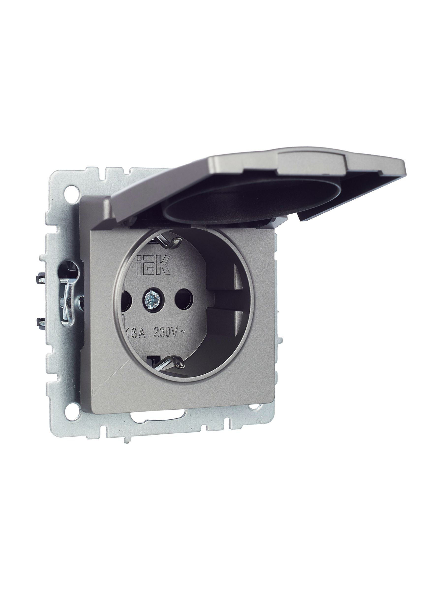 BRITE Розетка 1-местная с заземлением с защитными шторками и крышкой 16А IP20 РСбш10-3-БрС сталь IEK — фото