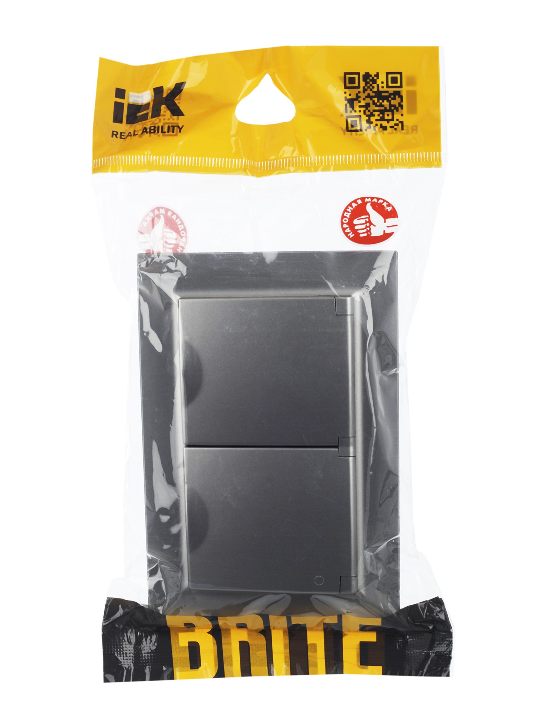 BRITE Розетка 2-местная с заземлением с защитными шторками и крышкой 16А в сборе IP44 РСбш12-3-44-БрС сталь IEK — фото