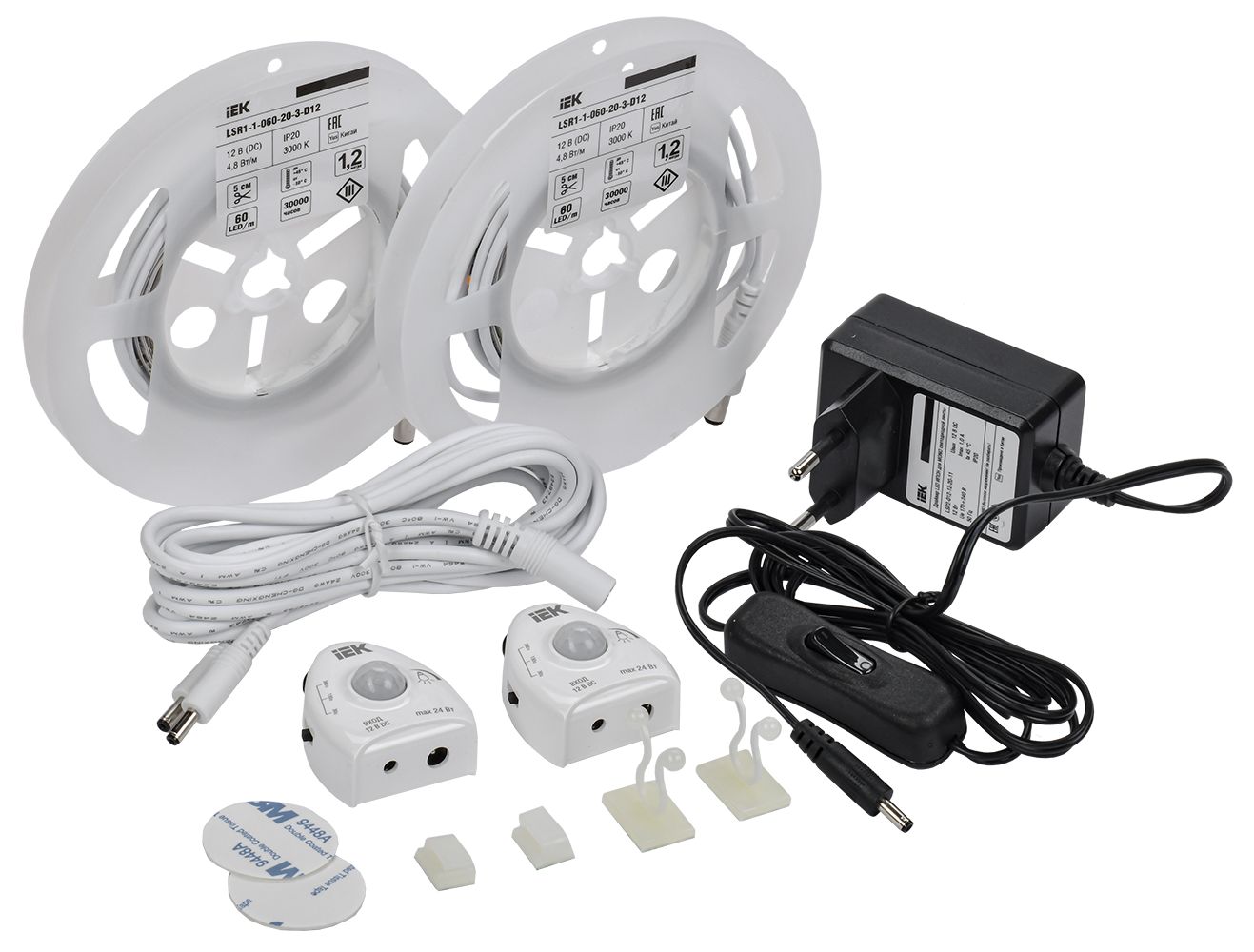 Комплект светодиодной подсветки "Сделай сам" (лента LED 2х1,2м LSR-2835WW60-4,8-IP20-12В + драйвер + 2 датчика движения) IEK