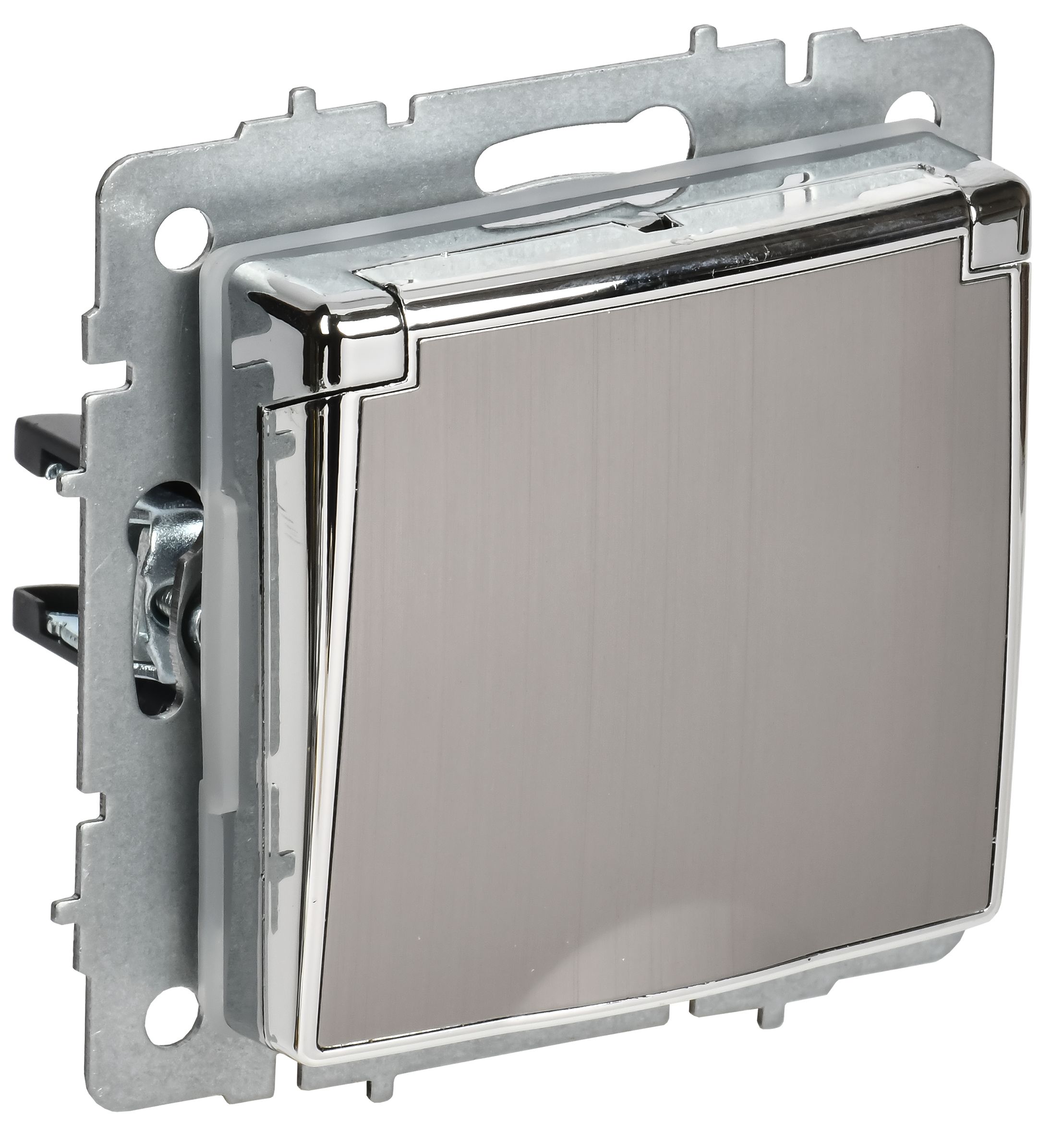 BRITE Розетка 1-местная с заземлением с защитными шторками и крышкой 16А IP44 РСбш10-3-44-БрГН металл хром/никель IEK — фото
