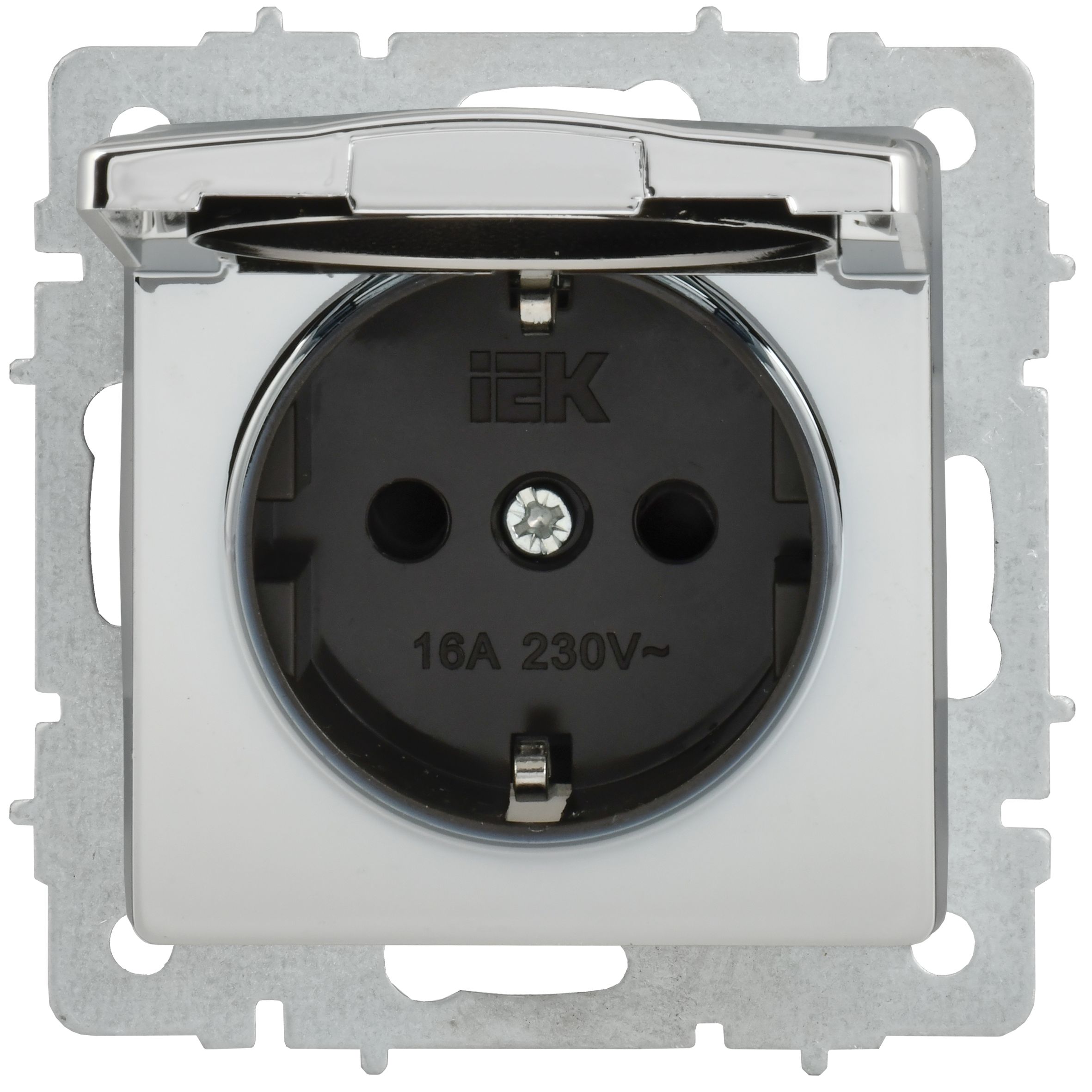 BRITE Розетка 1-местная с заземлением с защитными шторками и крышкой 16А IP44 РСбш10-3-44-БрГН металл хром/никель IEK — фото