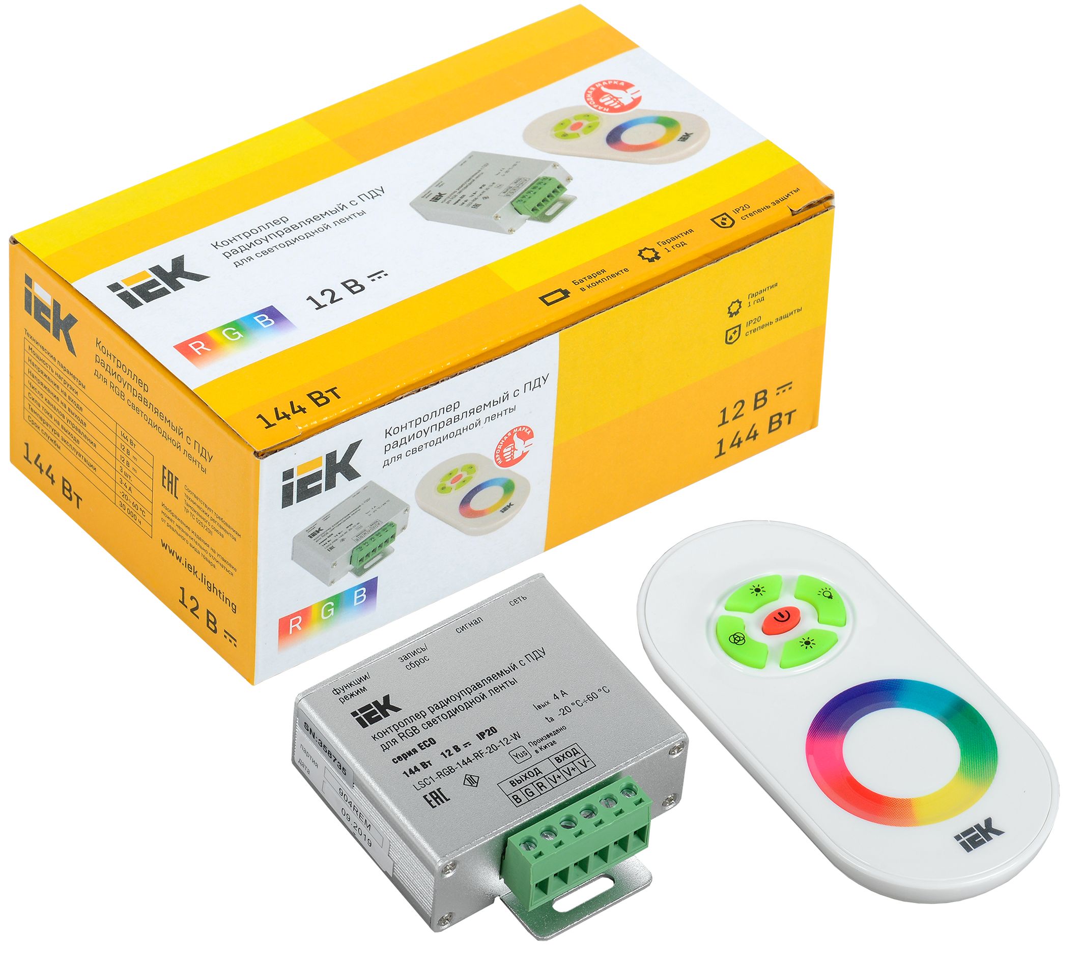 Контроллер с ПДУ радио RGB 3 канала 12В 4А 144Вт белый IEK — фото