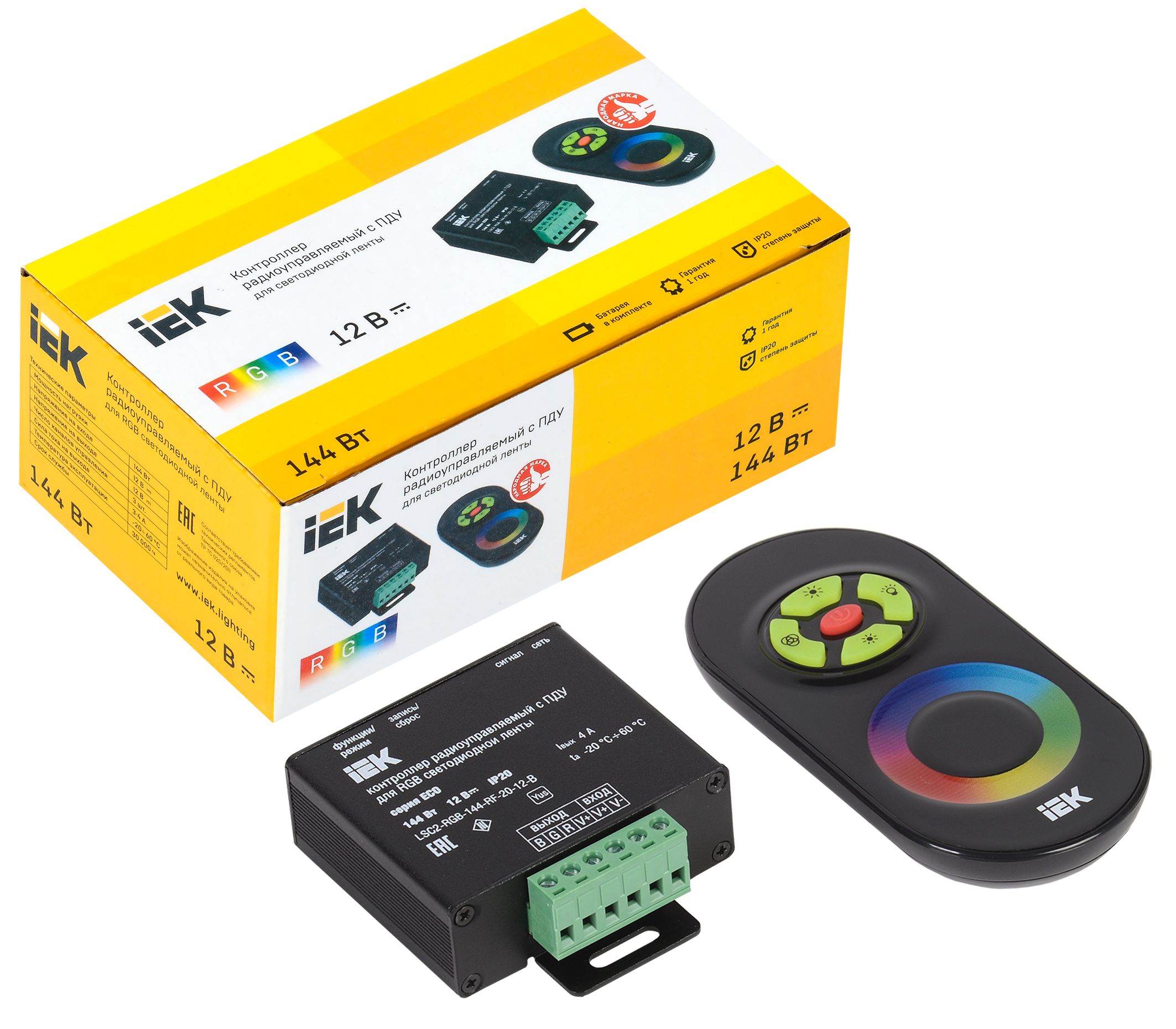 Контроллер с ПДУ радио RGB 3 канала 12В 4А 144Вт черный IEK — фото