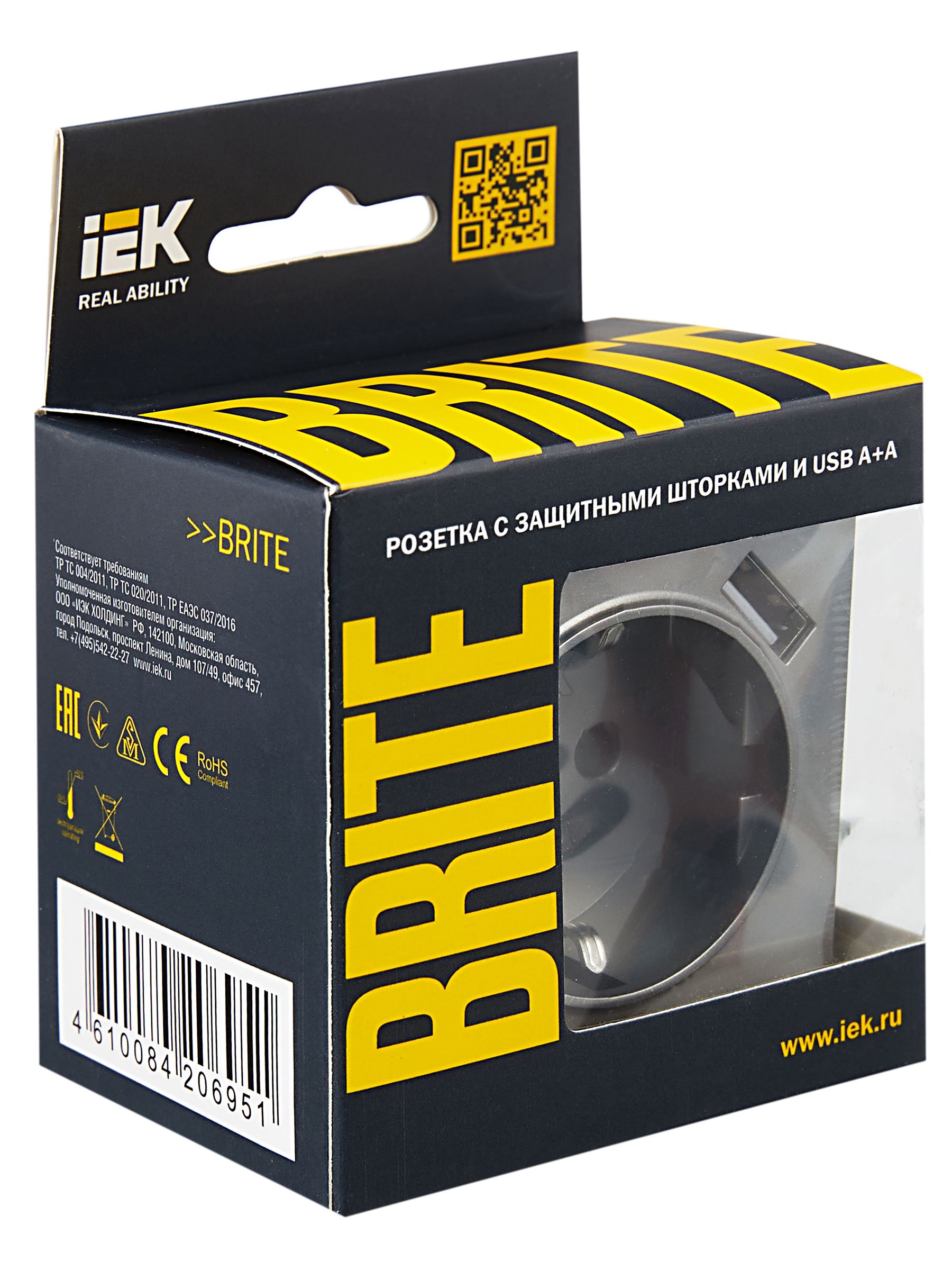 BRITE Розетка 1-местная с заземлением с защитными шторками 16А с USB A+A 5В 2,1А РЮш10-1-БрС сталь IEK — фото