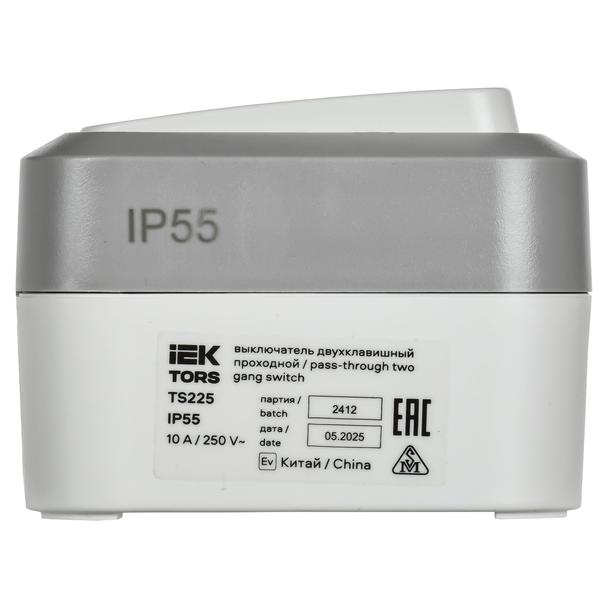 TORS Выключатель двухклавишный проходной 10А IP55 TS225 сер-бел IEK — фото