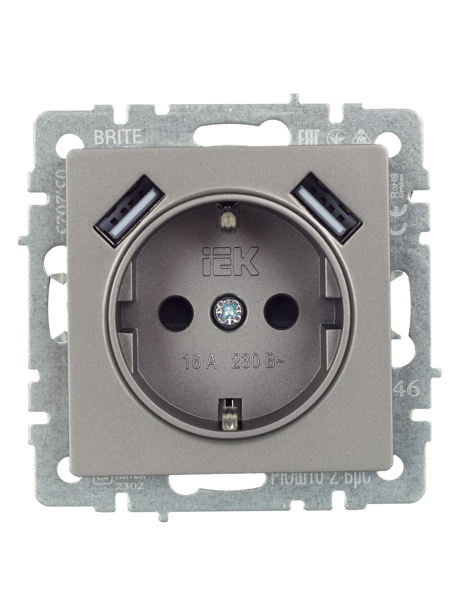 BRITE Розетка 1-местная с заземлением с защитными шторками 16А с USB A+A 5В 3,1А РЮш10-2-БрС сталь IEK — фото