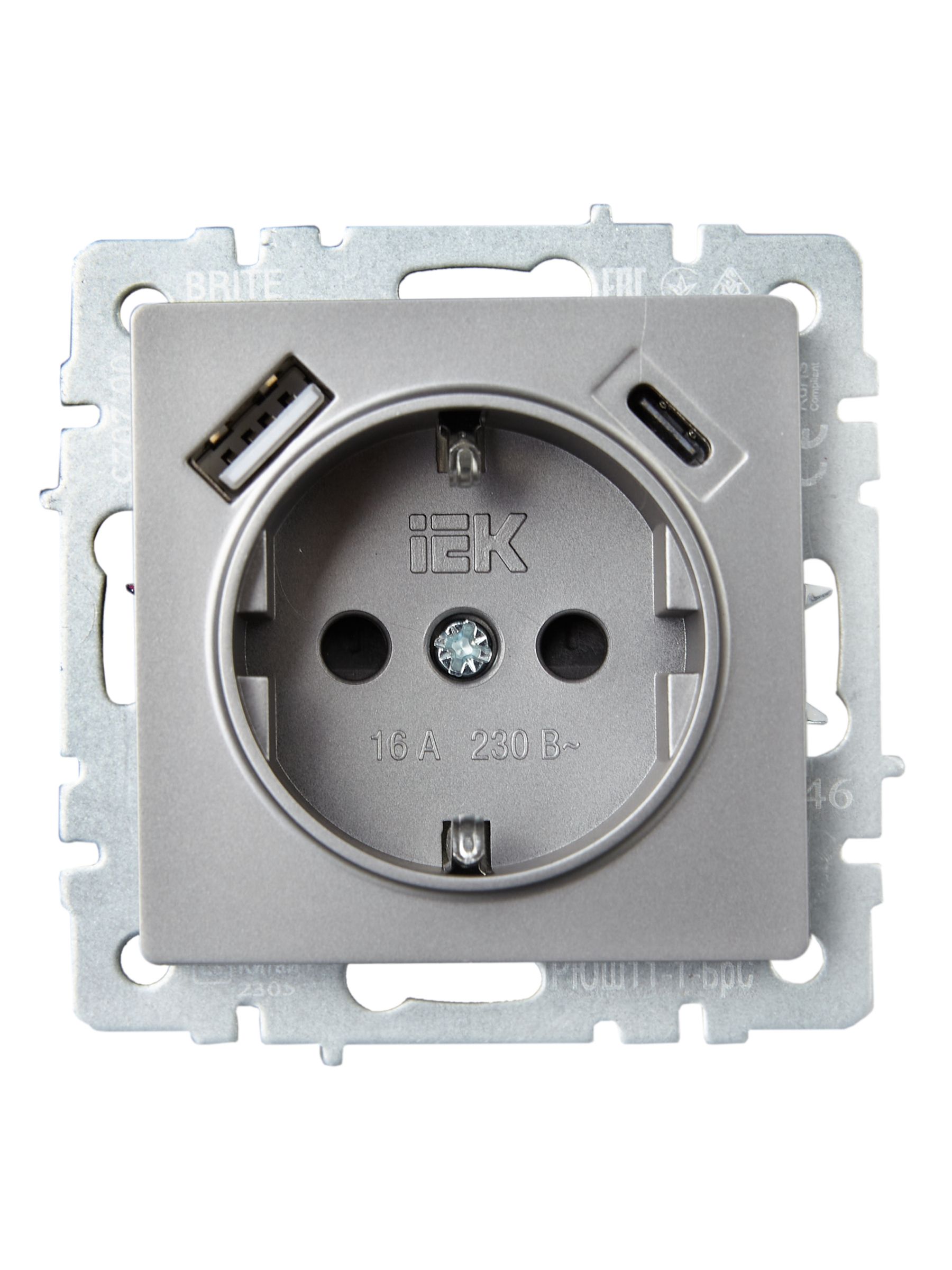BRITE Розетка 1-местная с заземлением с защитными шторками 16А с USB A+C 18Вт РЮш11-1-БрС сталь IEK — фото