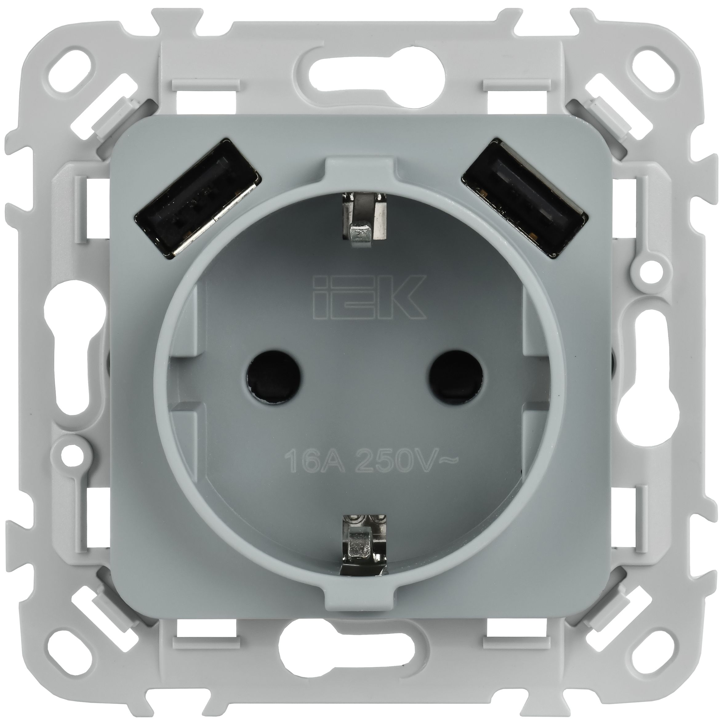 FLITE Розетка 1-местная с заземлением с защитными шторками 16А с USB A+A 3,1А безвинтовое крепление РСЮша11-1-ФлС серый IEK — фото