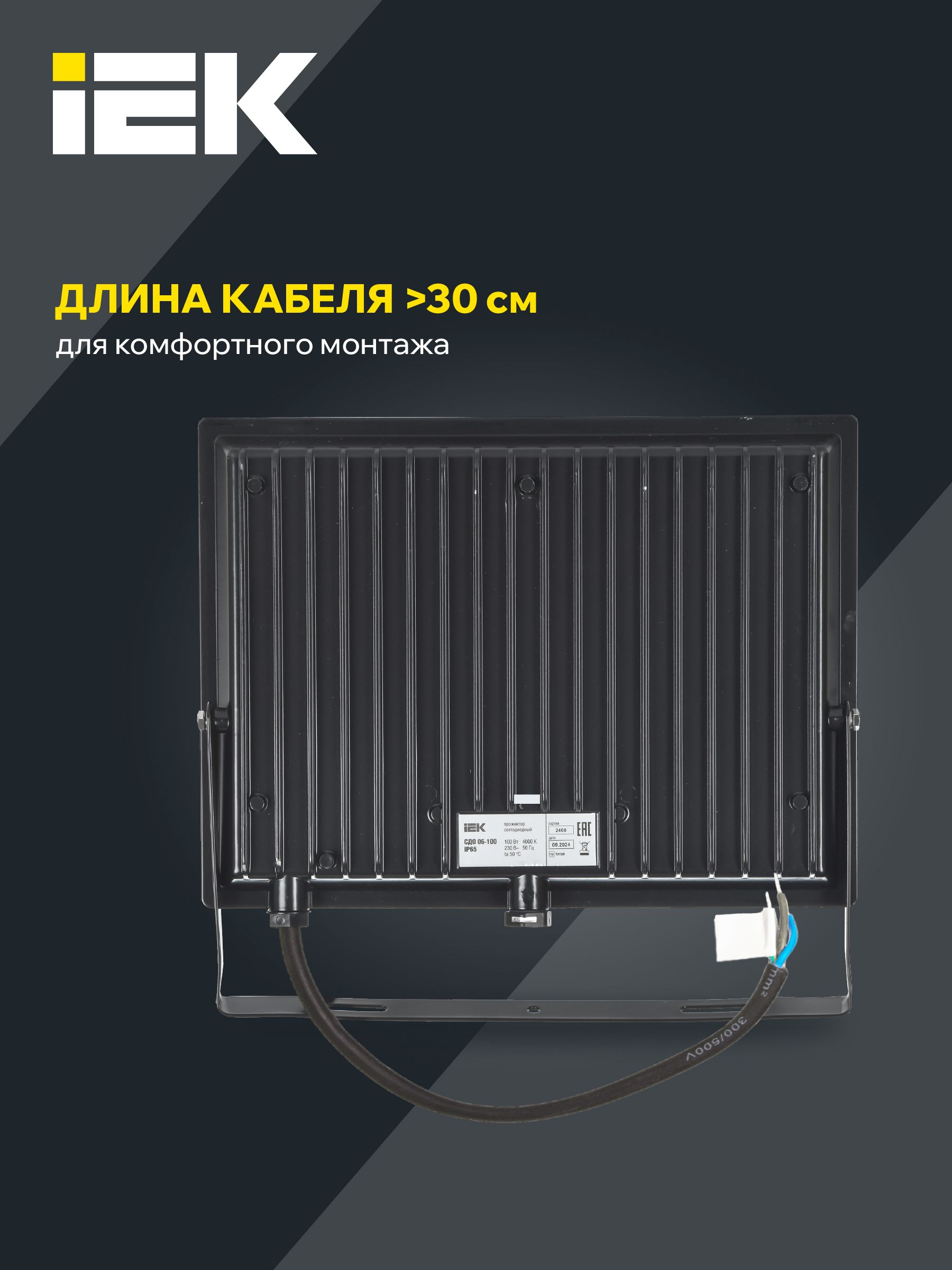 Прожектор СДО 06-100 светодиодный черный IP65 6500 K IEK — фото