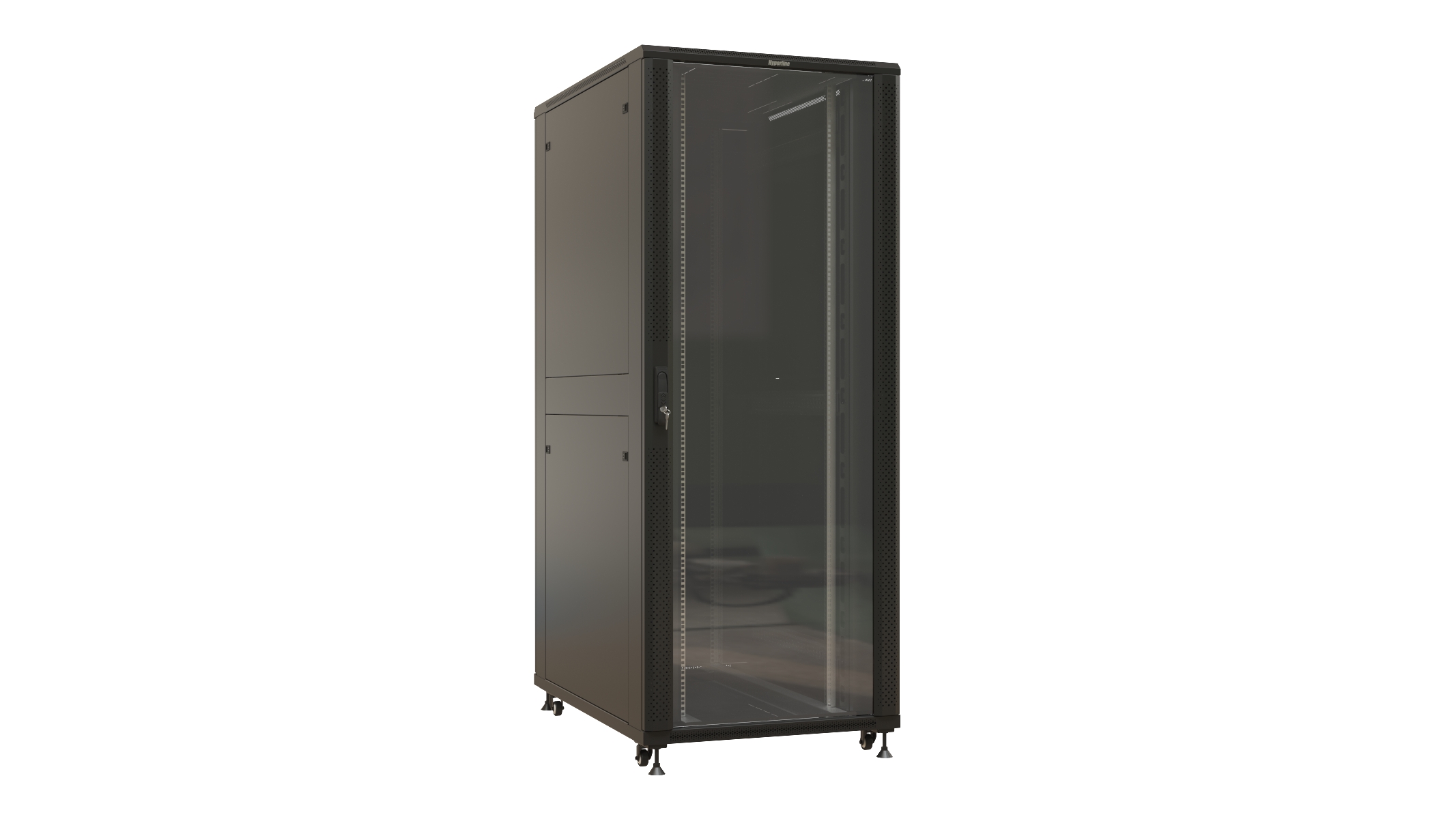 Hyperline TTBR-4286-AS-RAL9004 Шкаф напольный 19-дюймовый, 42U, 2055x800х600 мм (ВхШхГ), передняя стеклянная дверь со стальными перфорированными боковинами, задняя дверь сплошная, ручка с замком, цвет черный (RAL 9004) (разобранный) — фото