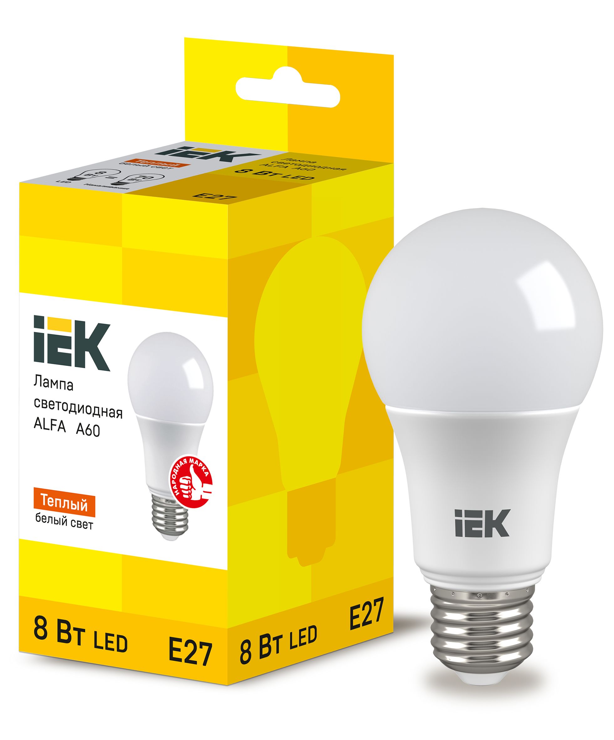 Лампа светодиодная ALFA A60 груша 8Вт 230В 3000К E27 (6шт) IEK