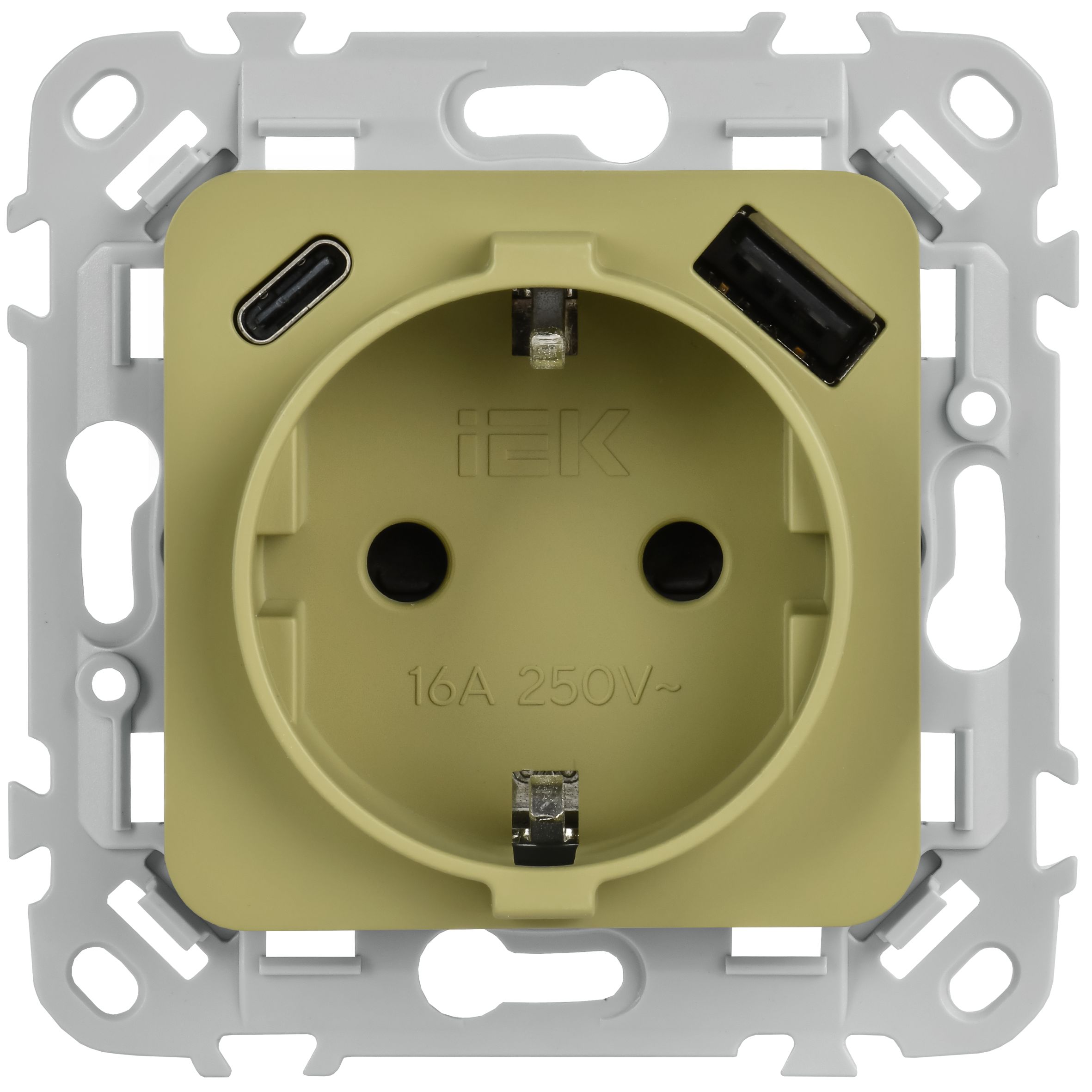 FLITE Розетка 1-местная с заземлением с защитными шторками 16А с USB A+C 20Вт безвинтовое крепление РСЮшс11-1-ФлО оливковый IEK — фото