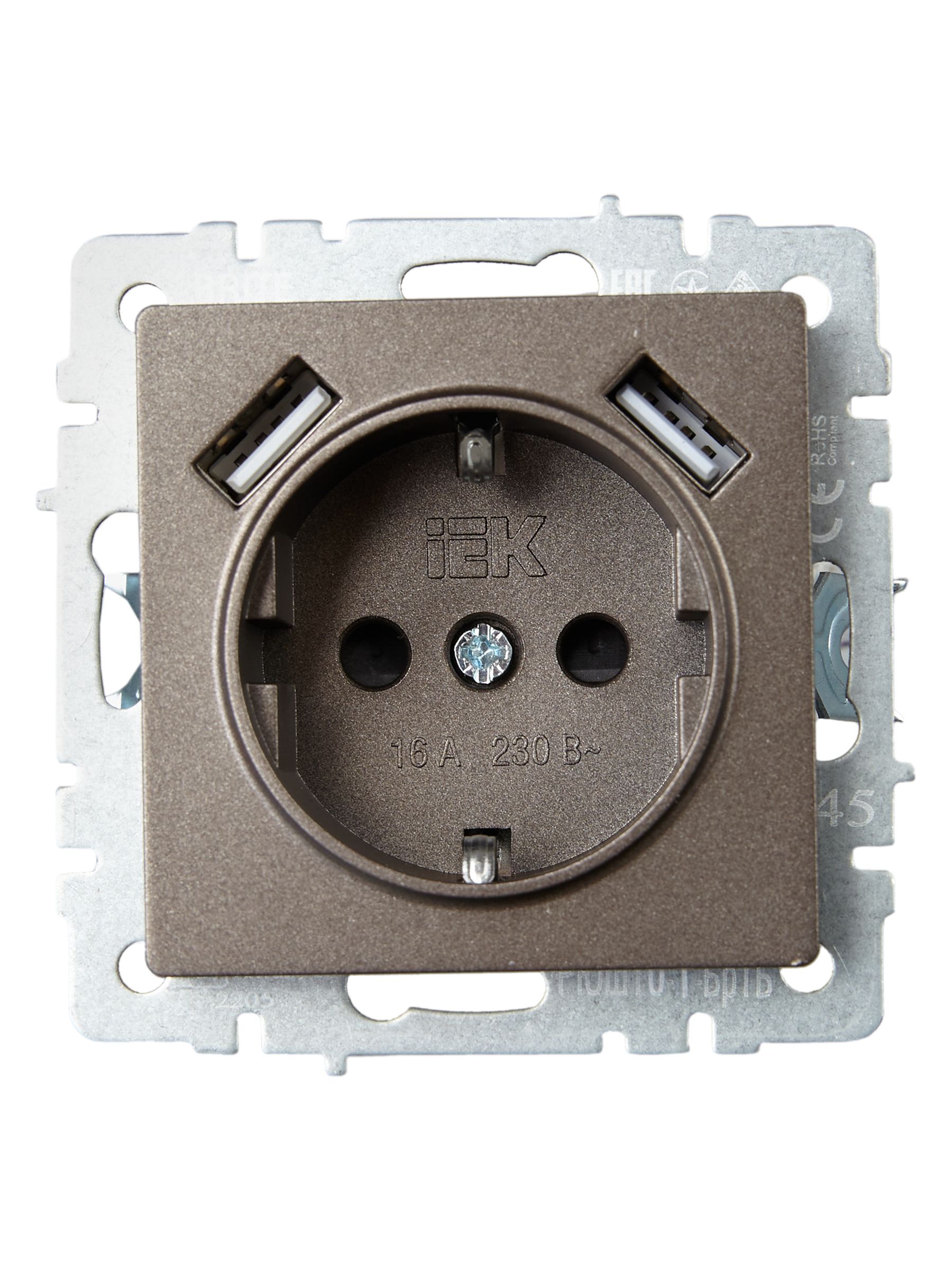BRITE Розетка 1-местная с заземлением с защитными шторками 16А с USB A+A 5В 2,1А РЮш10-1-БрТБ темная бронза IEK — фото