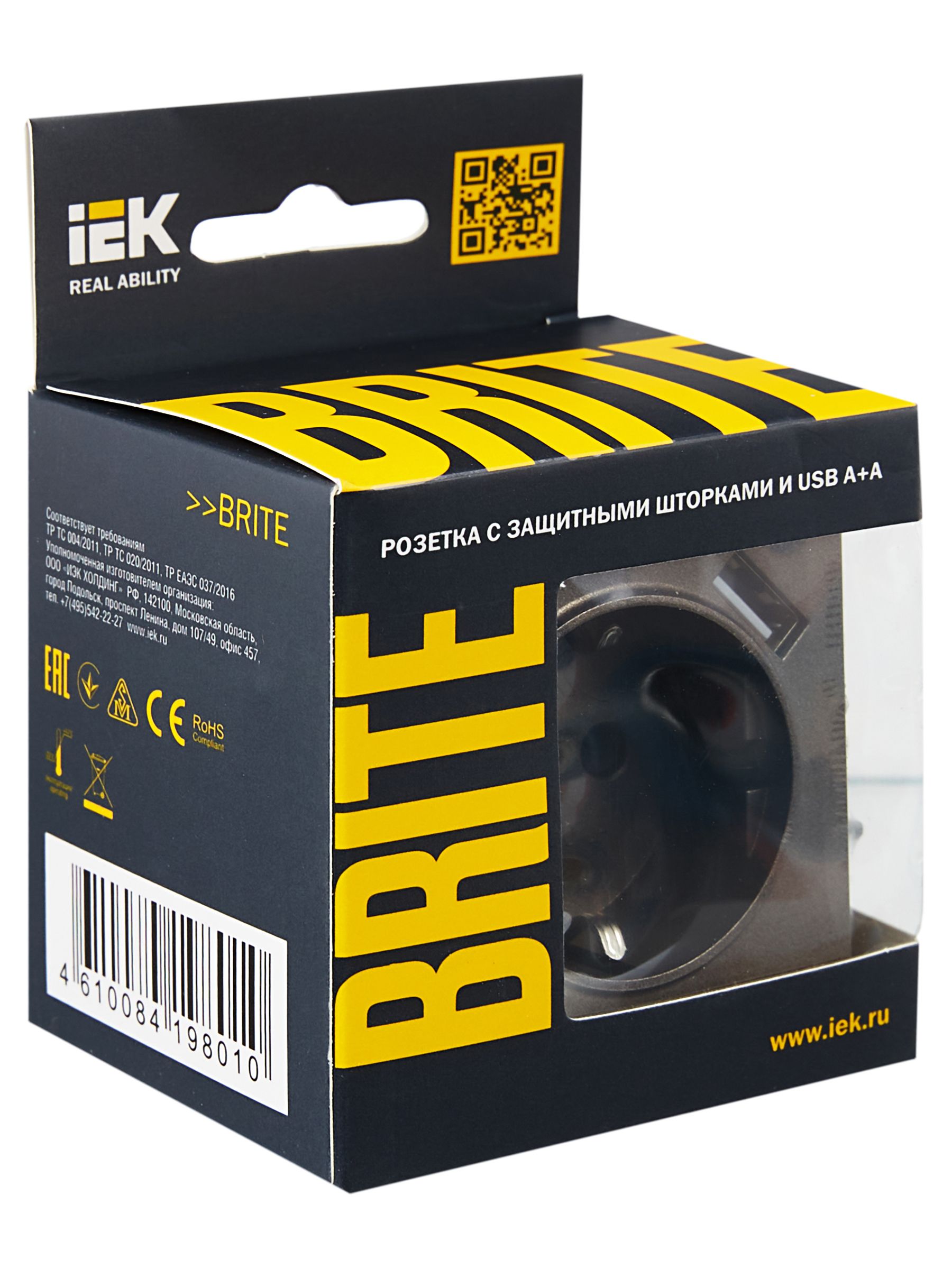 BRITE Розетка 1-местная с заземлением с защитными шторками 16А с USB A+A 5В 2,1А РЮш10-1-БрТБ темная бронза IEK — фото