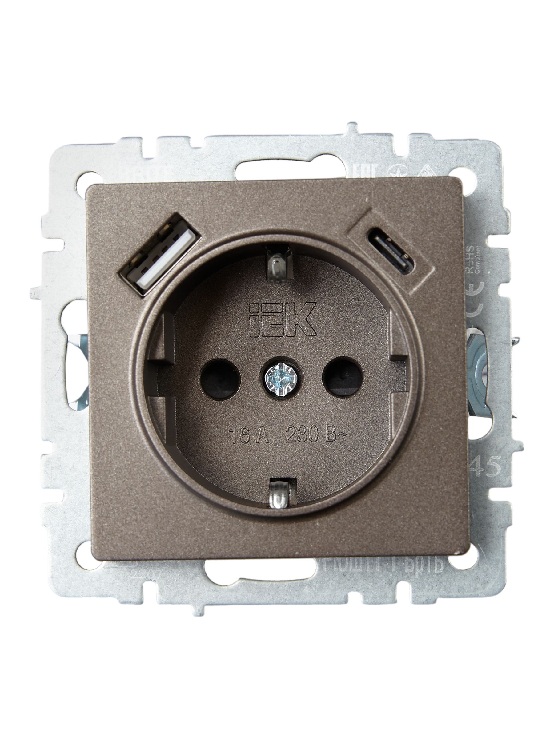 BRITE Розетка 1-местная с заземлением с защитными шторками 16А с USB A+C 18Вт РЮш11-1-БрТБ темная бронза IEK — фото