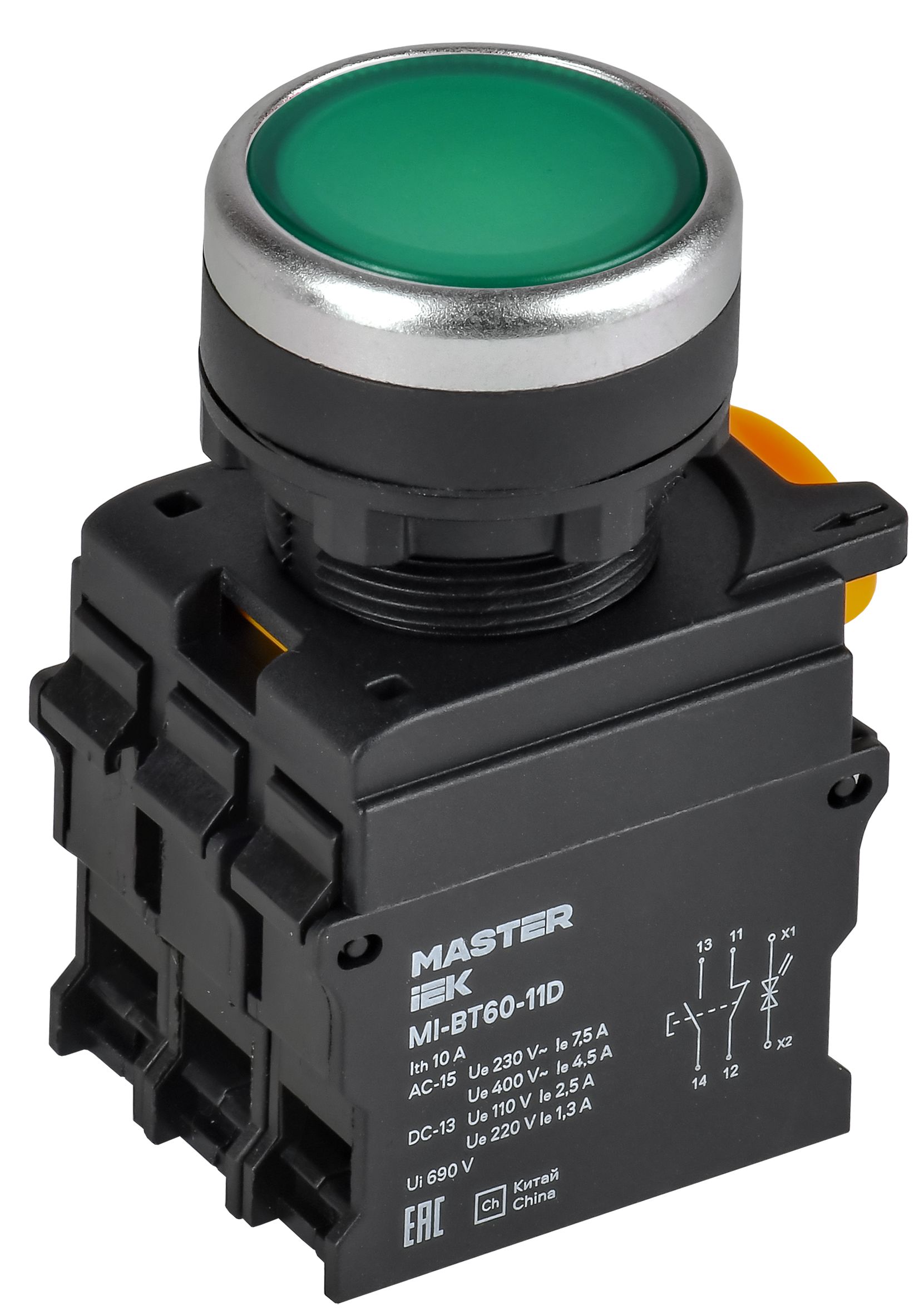Кнопка с подсветкой d=22мм 1NO+1NC зелёная MASTER IEK