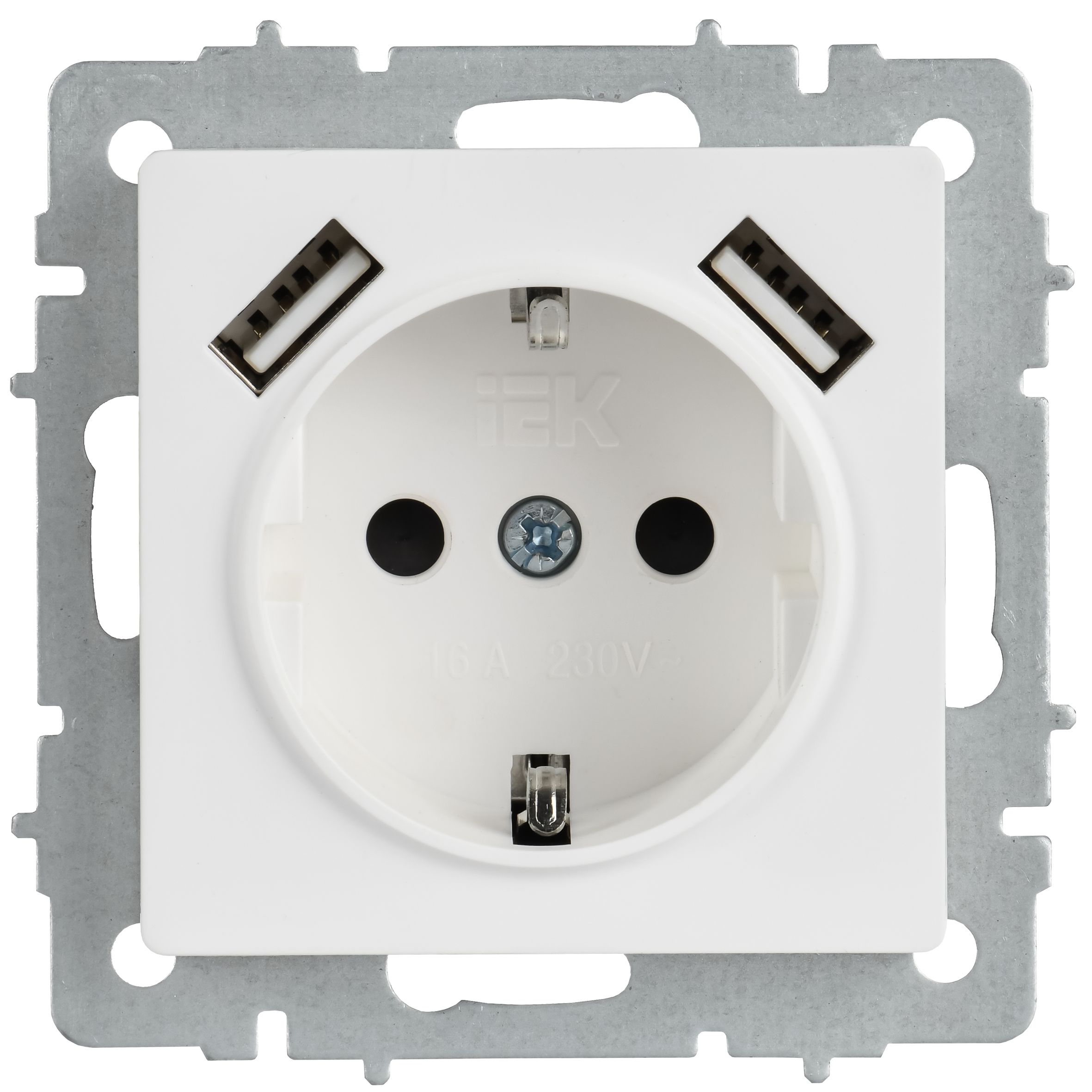 BRITE Розетка 1-местная с заземлением с защитными шторками 16А с USB A+A 5В 3,1А РЮш10-2-БрАБ арктический белый IEK — фото