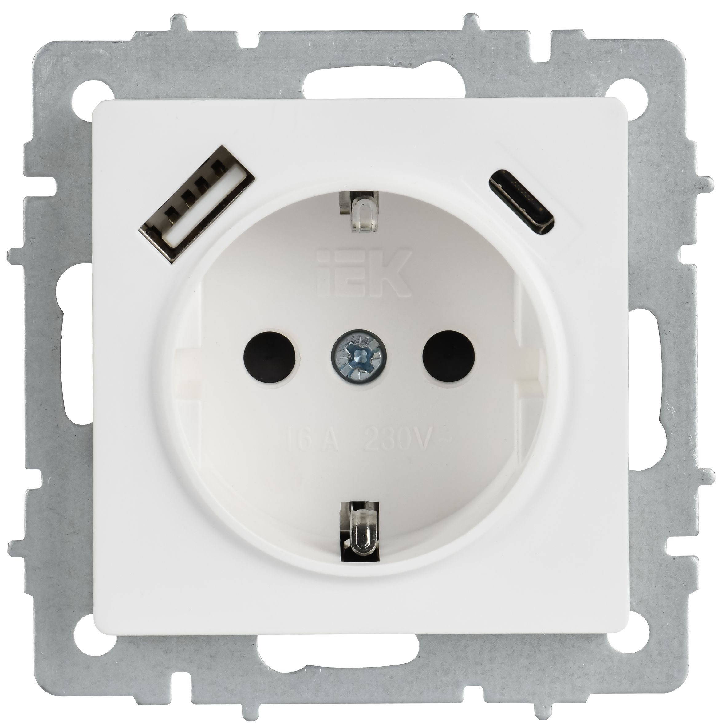 BRITE Розетка 1-местная с заземлением с защитными шторками 16А с USB A+C 18Вт РЮш11-1-БрАБ арктический белый IEK — фото