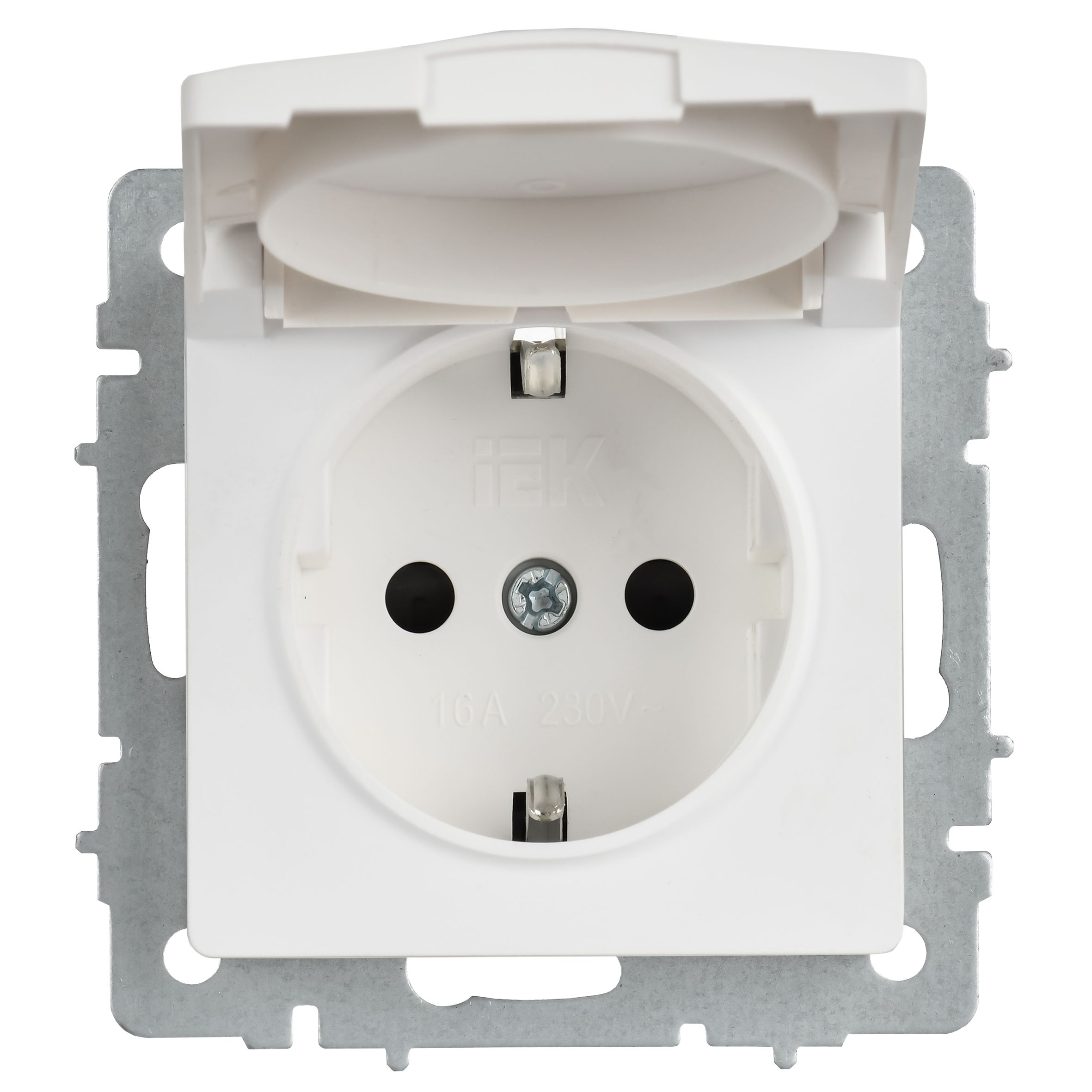 BRITE Розетка 1-местная с заземлением с защитными шторками и крышкой 16А IP20 РСбш10-3-БрАБ арктический белый IEK — фото