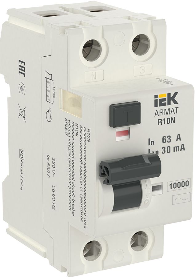 ARMAT Выключатель дифференциального тока R10N 2P 63А 30мА тип AC IEK — фото
