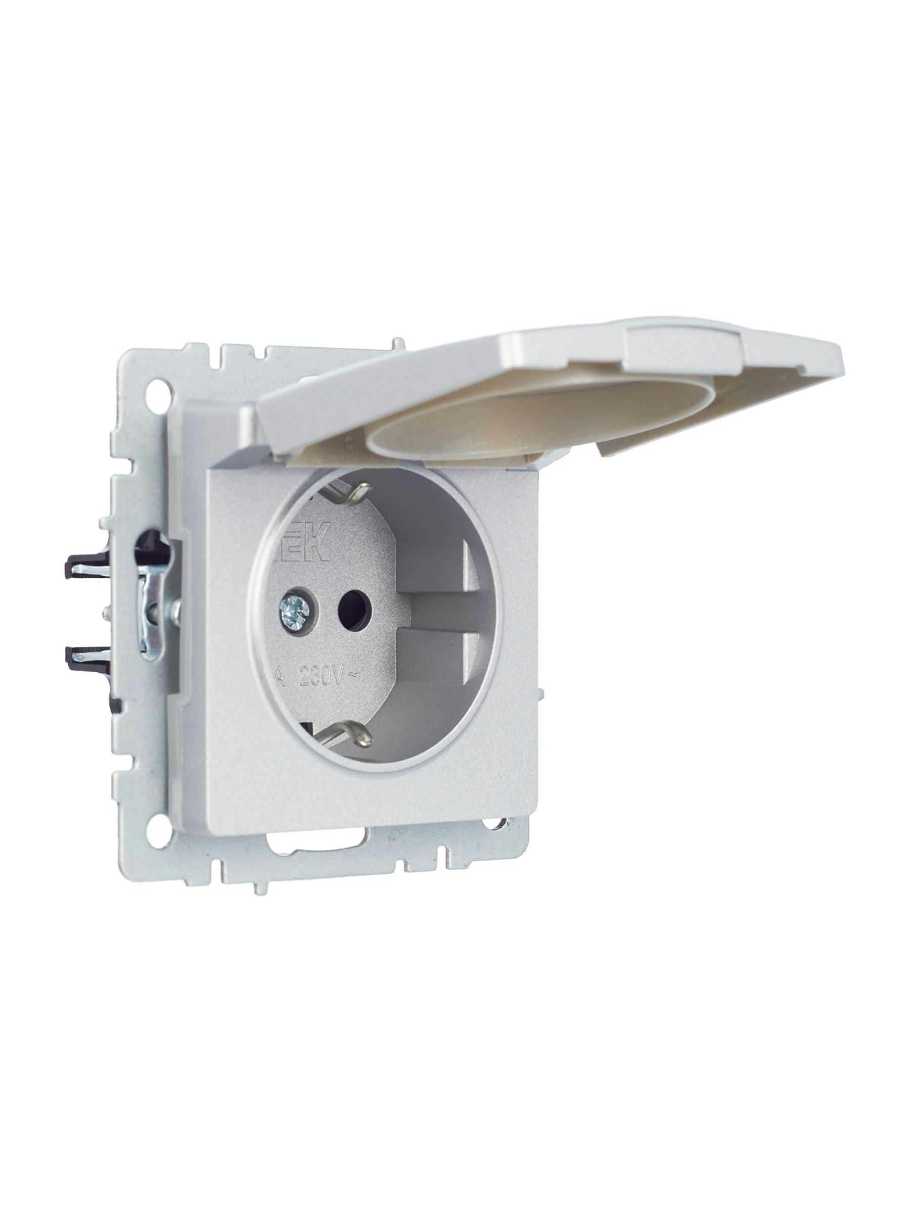 BRITE Розетка 1-местная с заземлением с защитными шторками и крышкой 16А IP44 РСбш10-3-44-БрА алюминий IEK — фото
