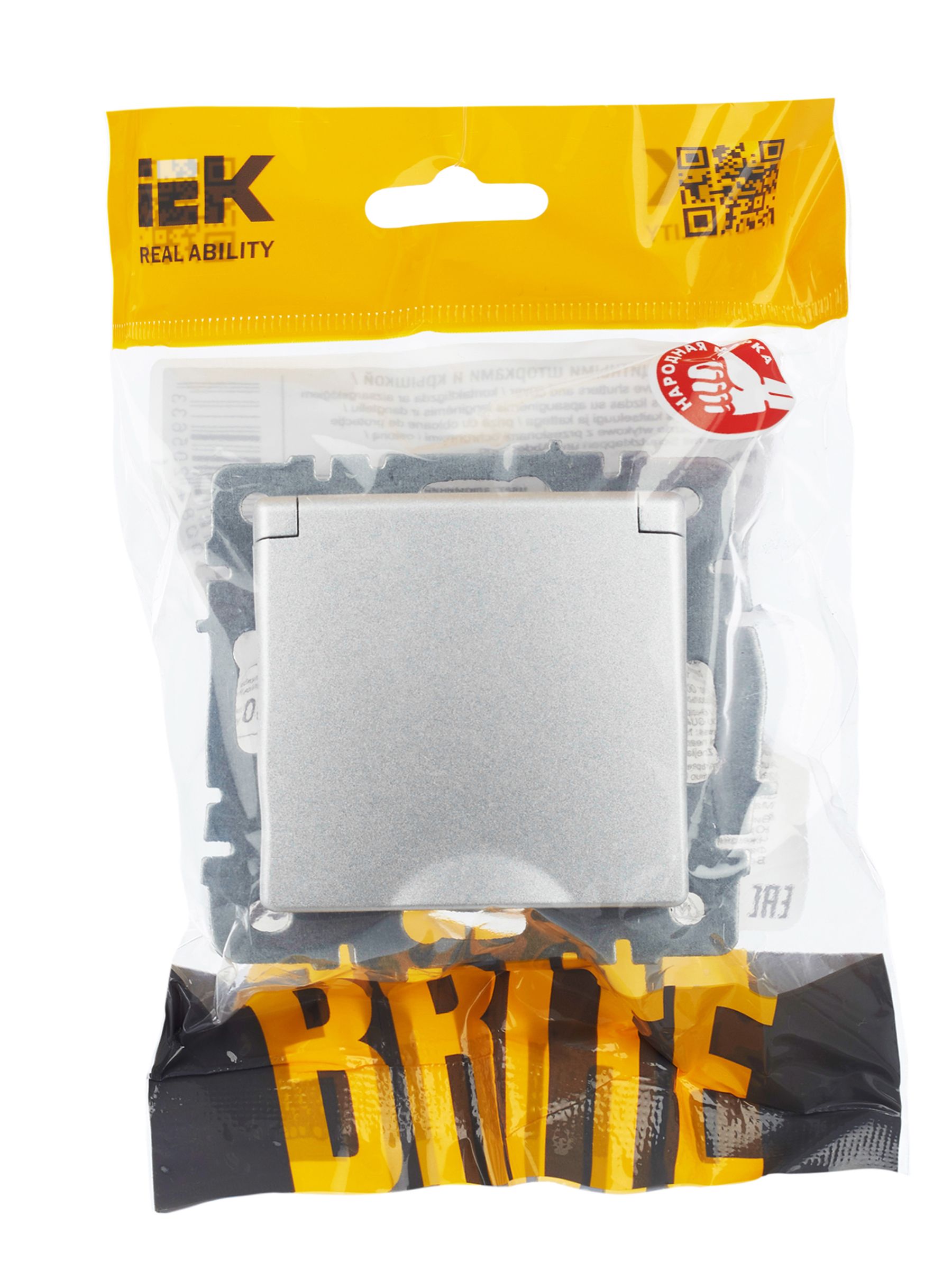 BRITE Розетка 1-местная с заземлением с защитными шторками и крышкой 16А IP44 РСбш10-3-44-БрА алюминий IEK — фото
