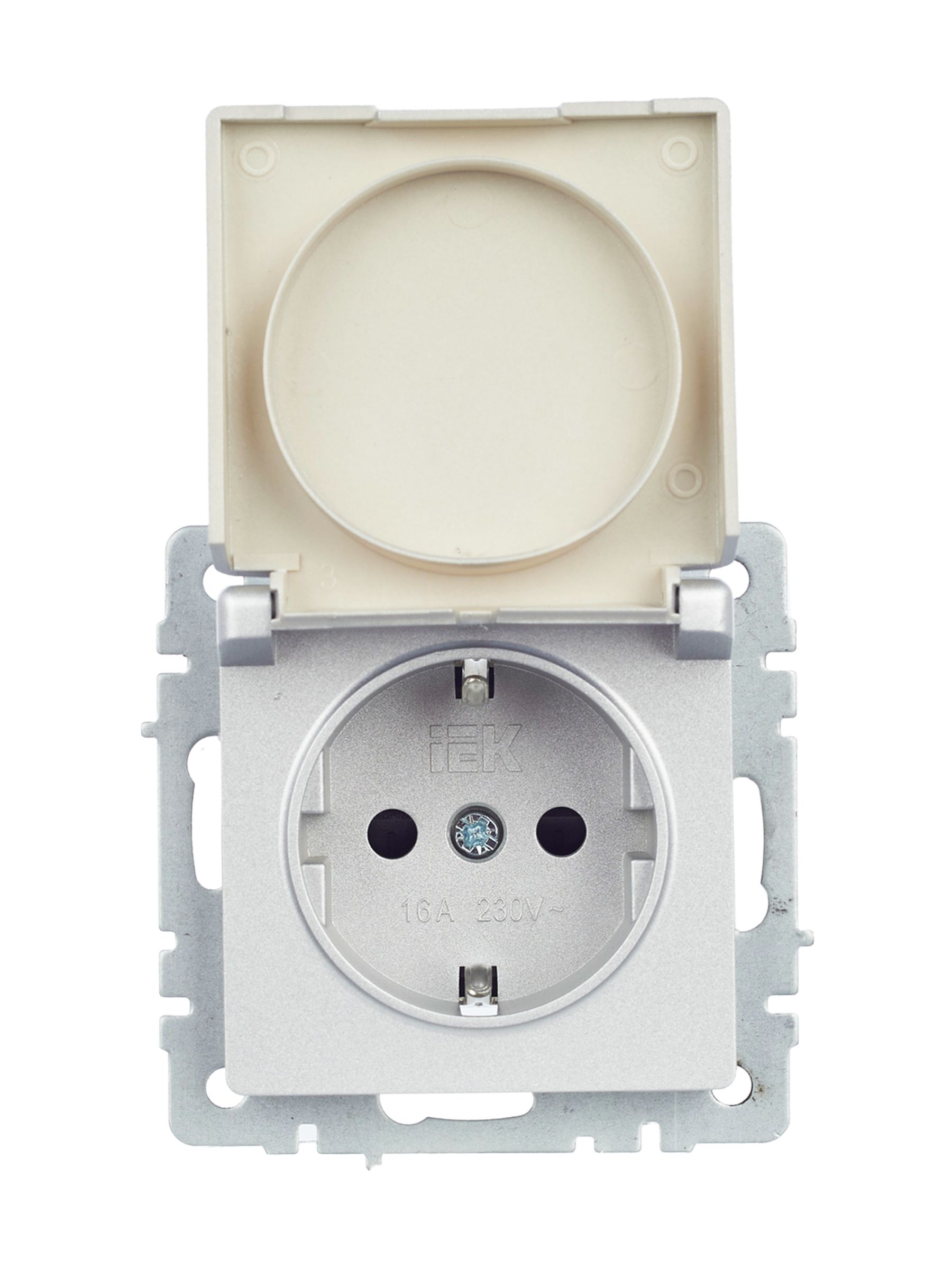 BRITE Розетка 1-местная с заземлением с защитными шторками и крышкой 16А IP44 РСбш10-3-44-БрА алюминий IEK — фото