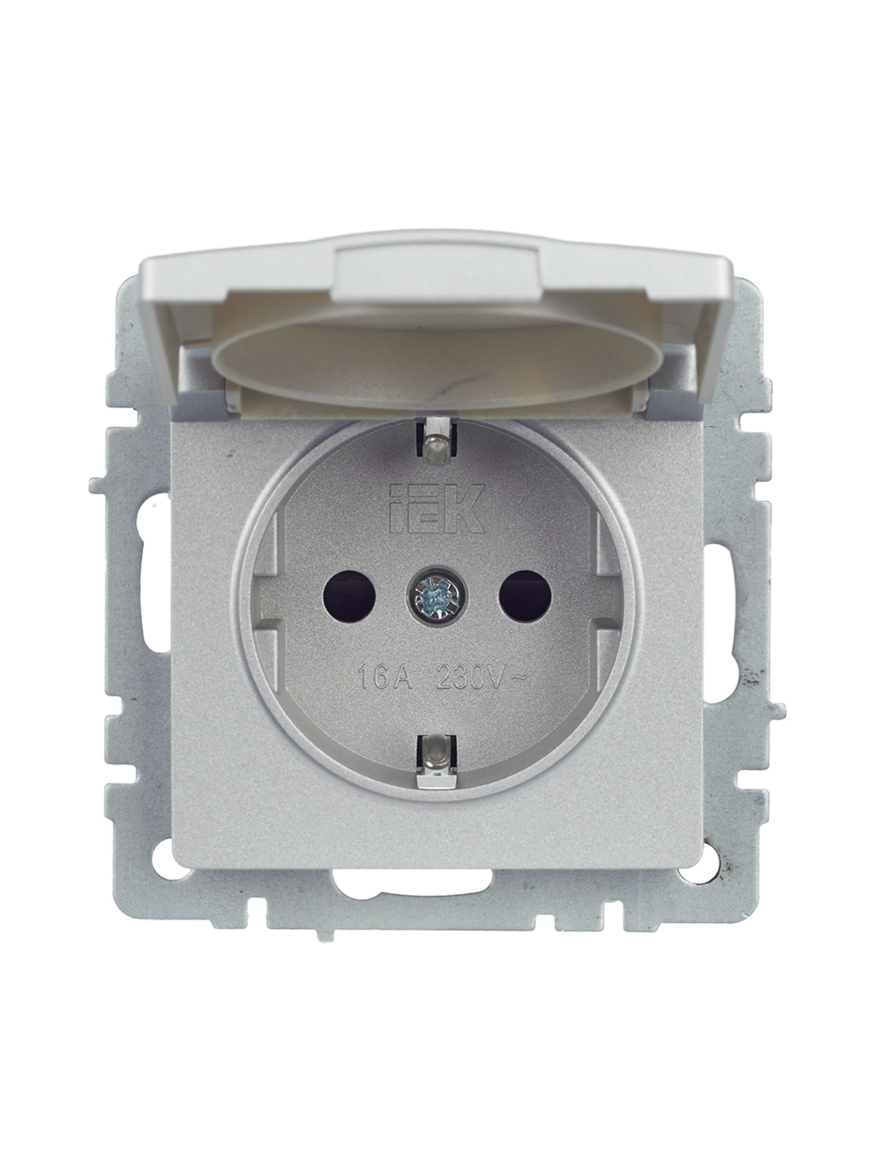 BRITE Розетка 1-местная с заземлением с защитными шторками и крышкой 16А IP44 РСбш10-3-44-БрА алюминий IEK — фото