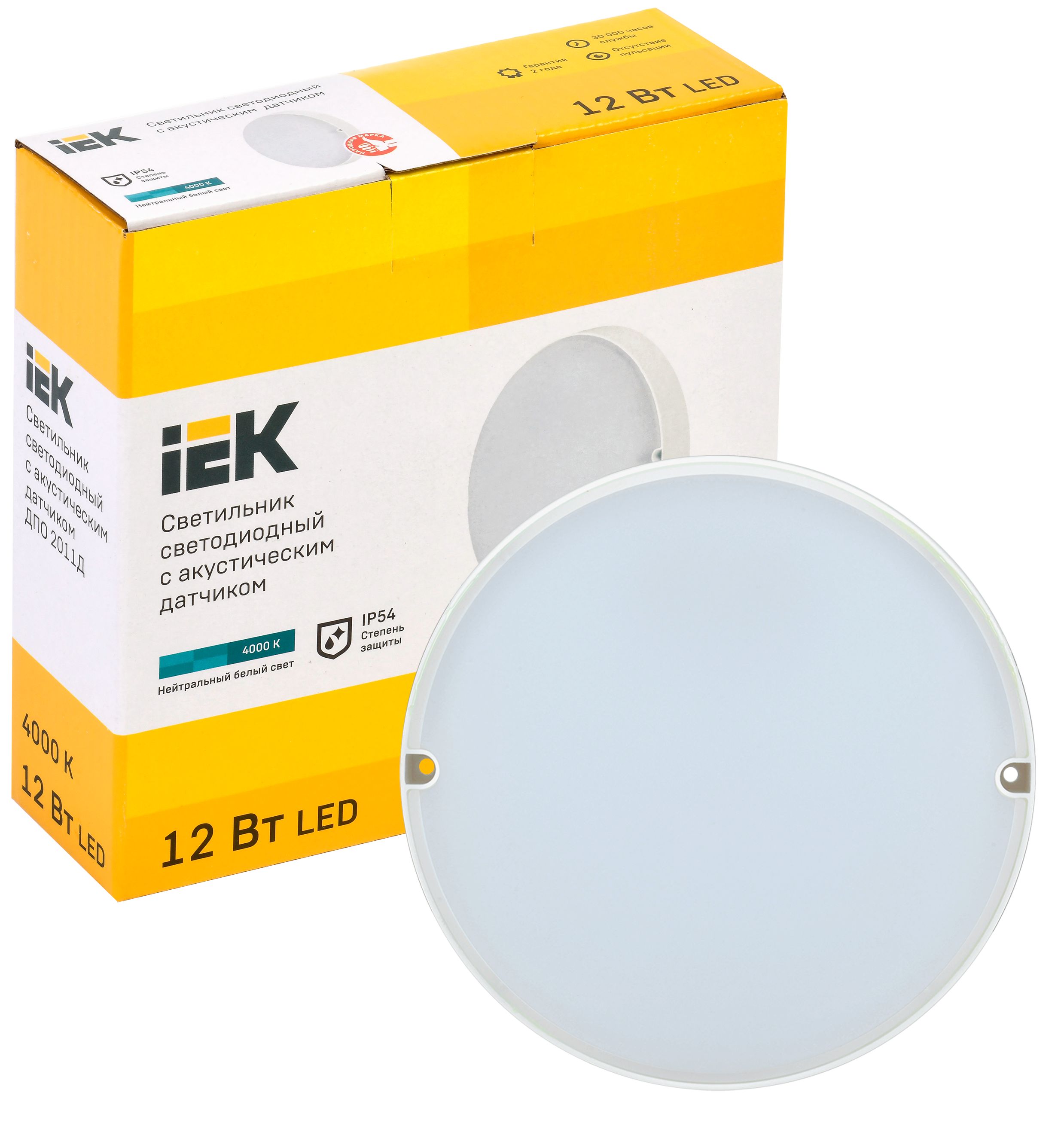 Светильник светодиодный ДПО 2011Д 12Вт IP54 4000К круг белый с акустическим датчиком IEK — фото