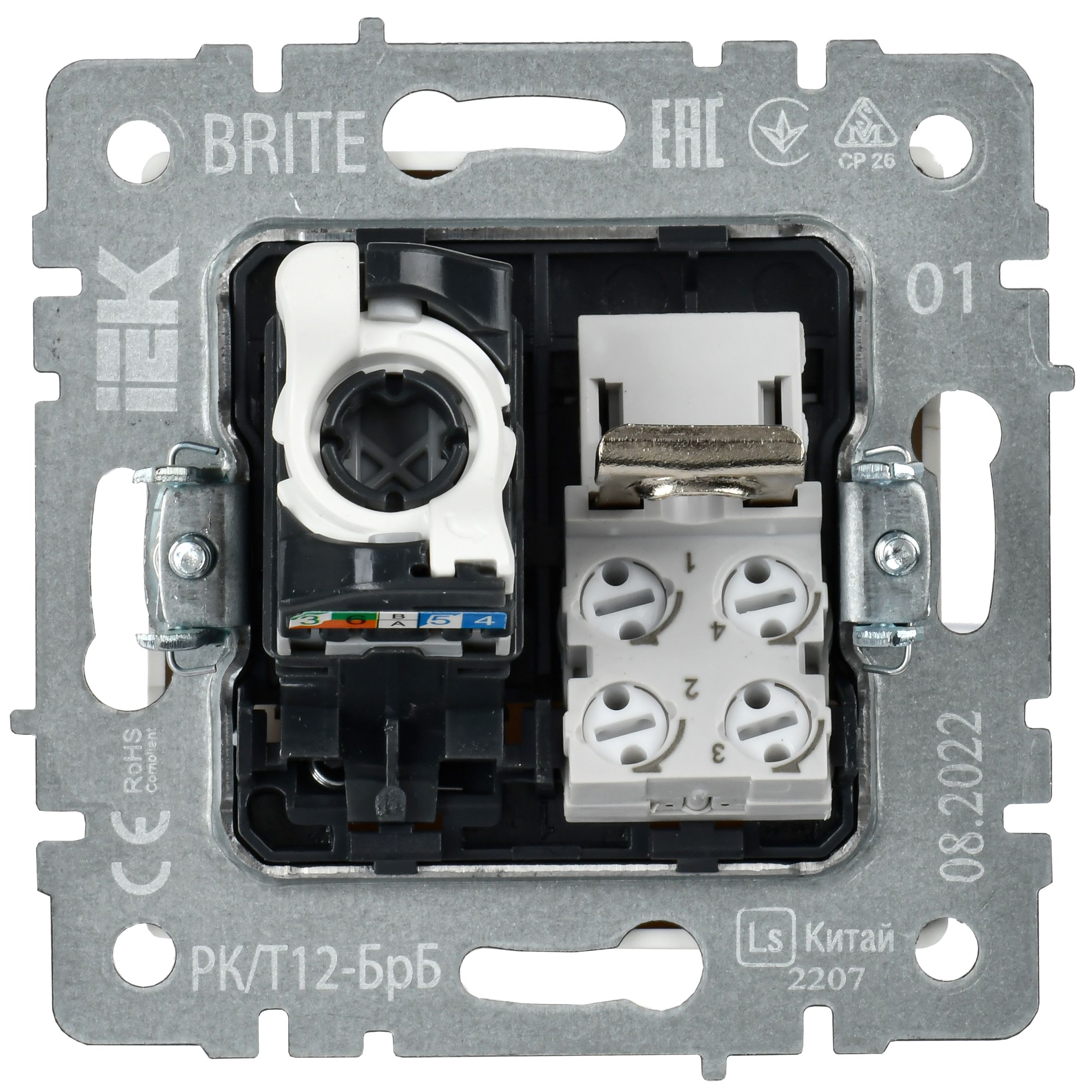 BRITE Розетка двойная RJ11+RJ45 кат.5E РК/Т12-БрБ белый IEK — фото
