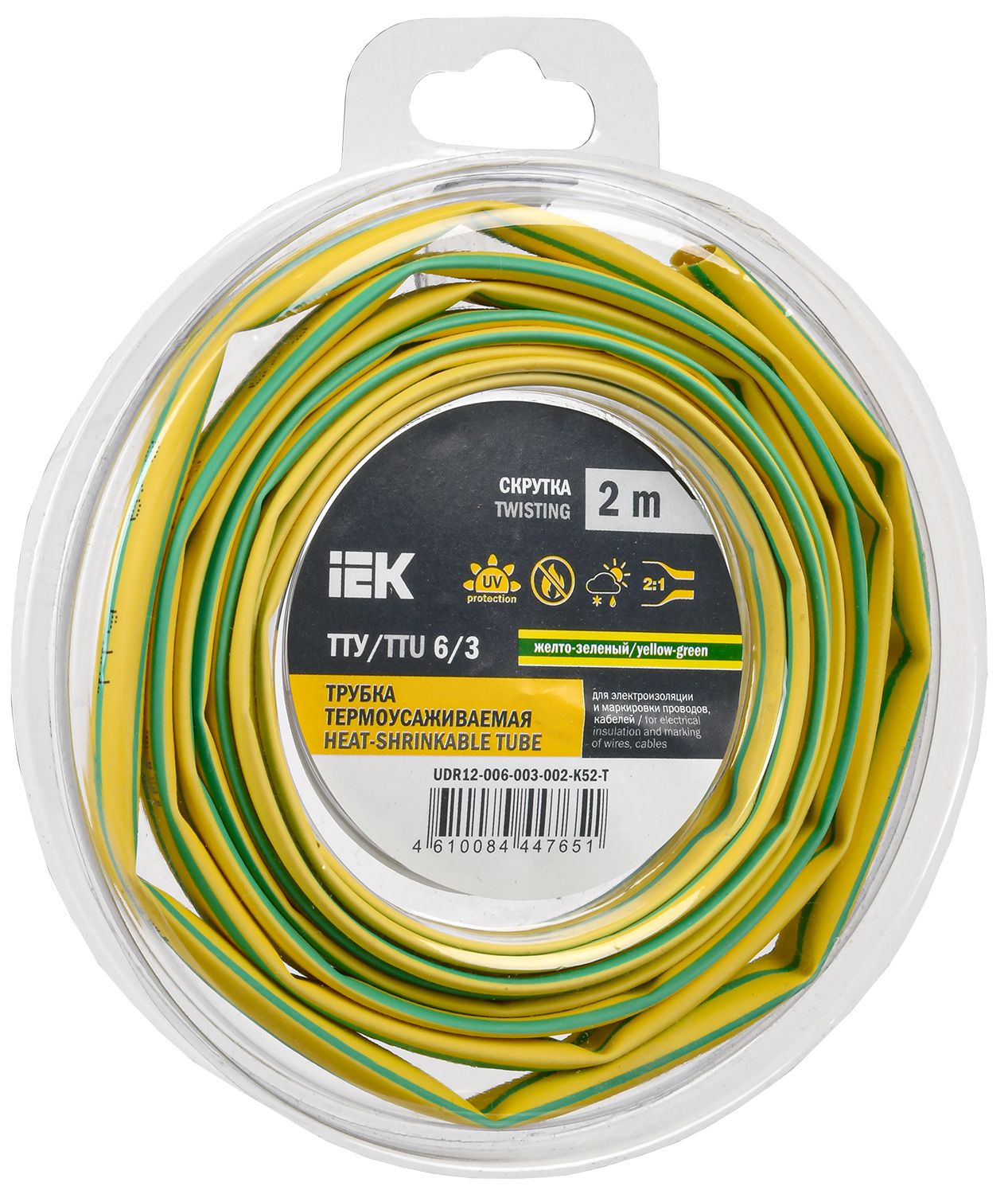 Трубка термоусадочная ТТУ нг-LS 6/3 желто-зеленая (2м/упак) IEK