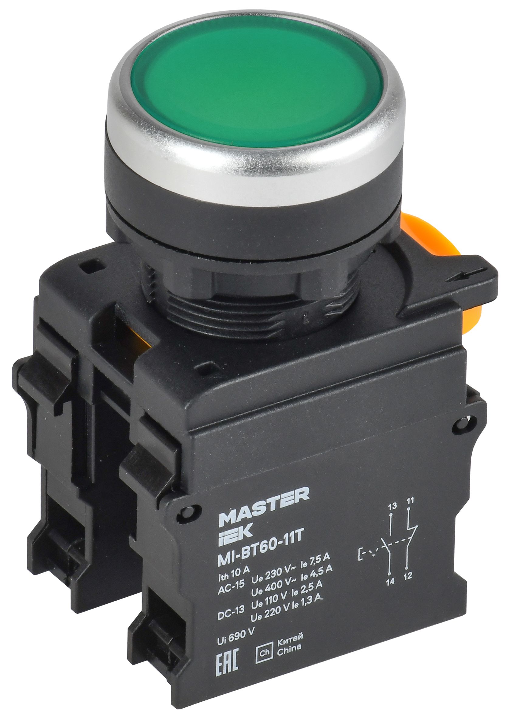 Кнопка с фиксацией d=22мм 1NO+1NC зелёная MASTER IEK