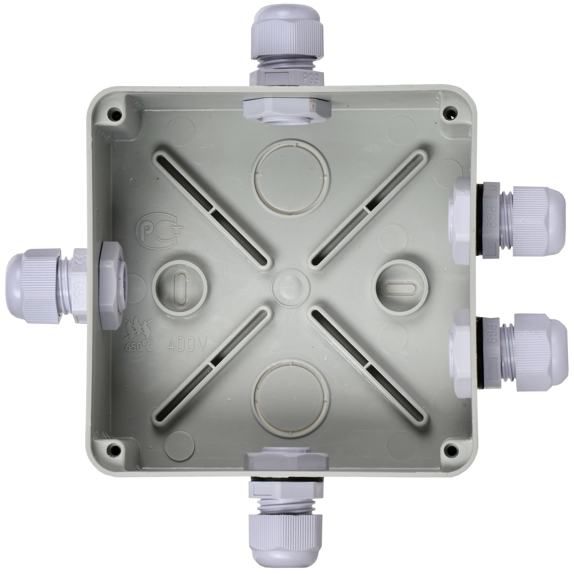 Коробка распаячная КМ41330 для открытой проводки безгалогенная (HF) 100х100х50мм IP55 5 гермовводов PG9 серая IEK — фото